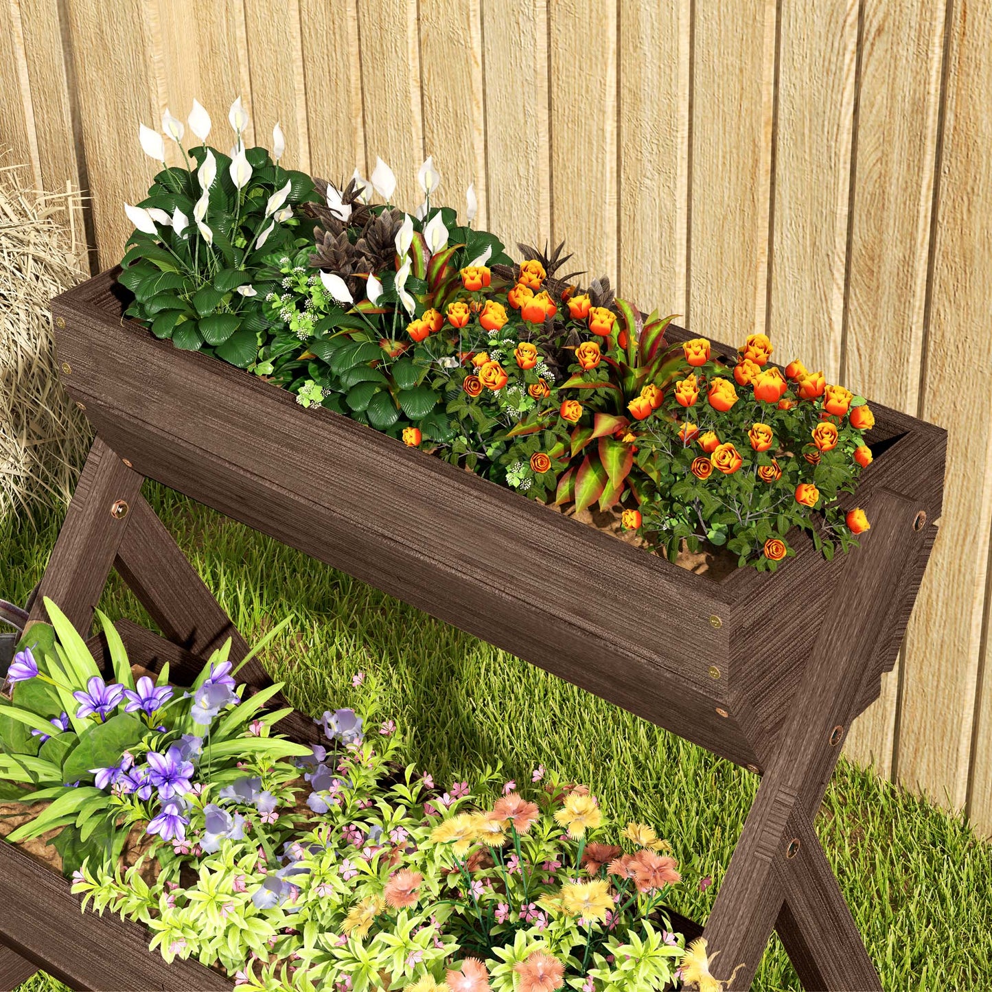3 Tier 66L Raised Garden Bed Wooden Elevated Planter Box Kit for Flower, Vegetable, Herb, 65 x 75 x 76cm, Tan