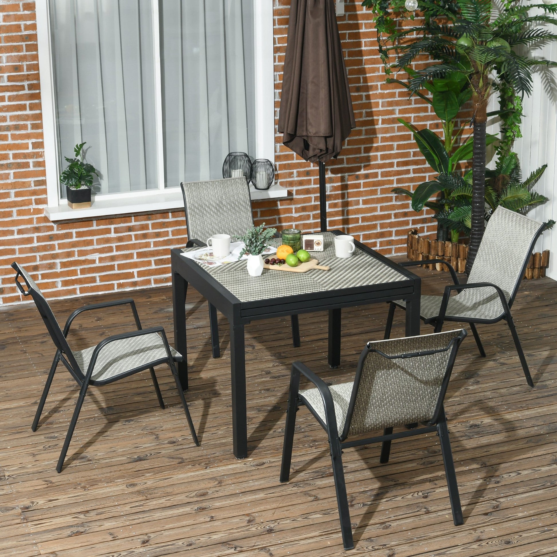 Stackable Outdoor Chairs Set of 4, Rattan Garden Chairs with Armrests and Backrest for Deck, Mixed Grey