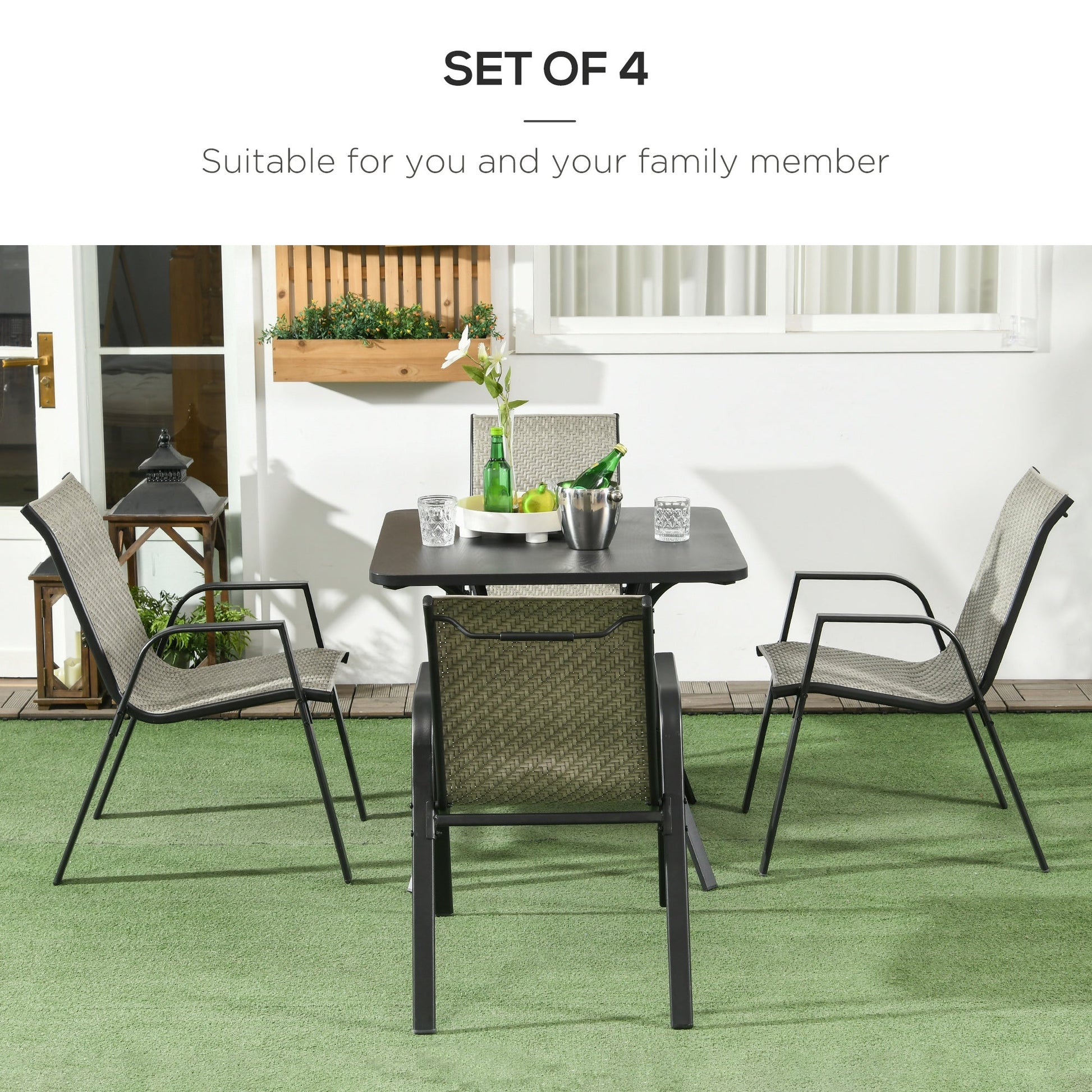 Stackable Outdoor Chairs Set of 4, Rattan Garden Chairs with Armrests and Backrest for Deck, Mixed Grey