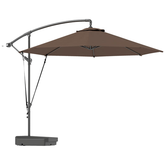 3(m) Garden Cantilever Parasol with Fillable Base, Wind Protection Strap, Cover, Round Banana Hanging Umbrella with Crank Handle and Tilt, Patio Umbrella for Outdoor Sun Shade, UPF50+, Brown