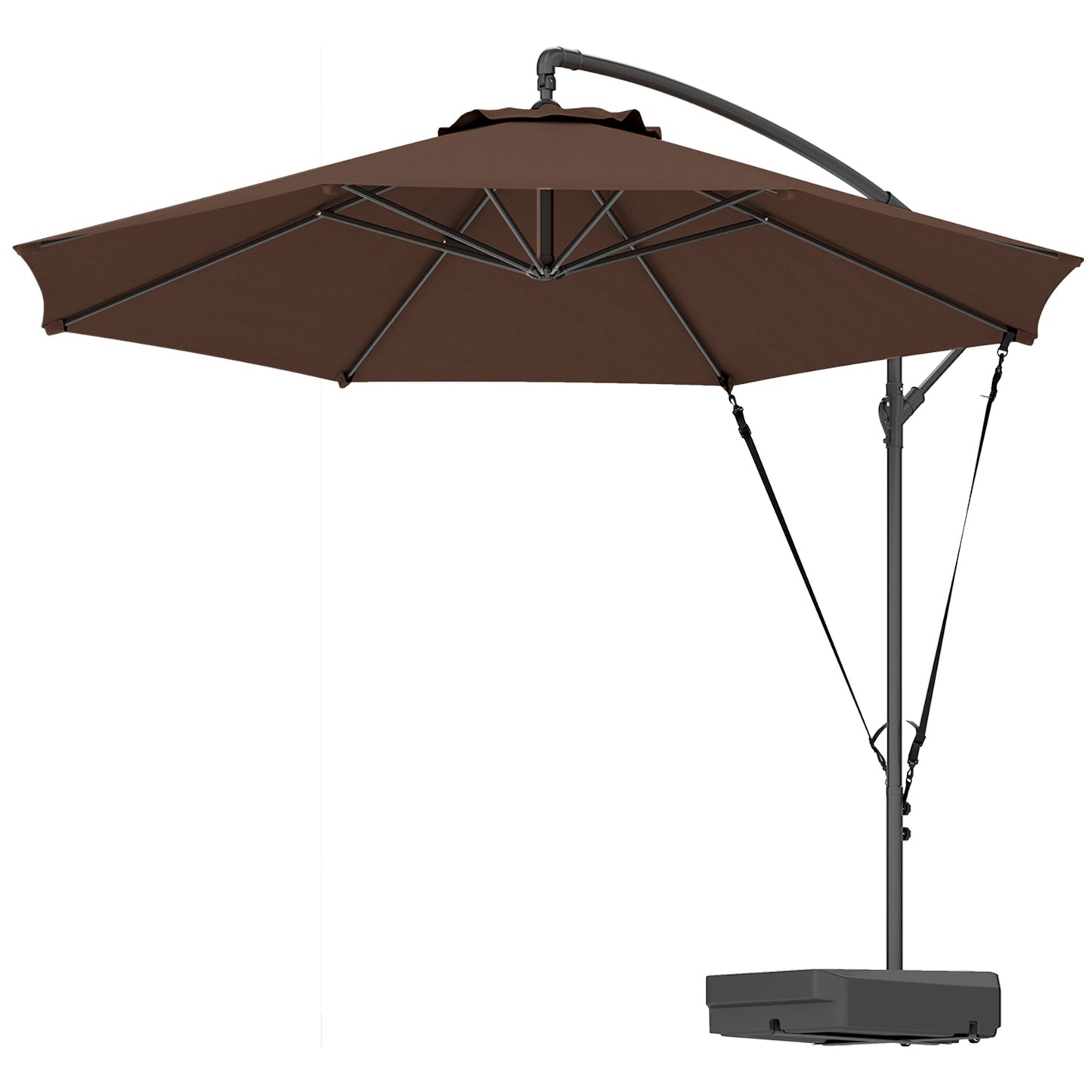 3(m) Garden Cantilever Parasol with Fillable Base, Wind Protection Strap, Cover, Round Banana Hanging Umbrella with Crank Handle and Tilt, Patio Umbrella for Outdoor Sun Shade, UPF50+, Brown