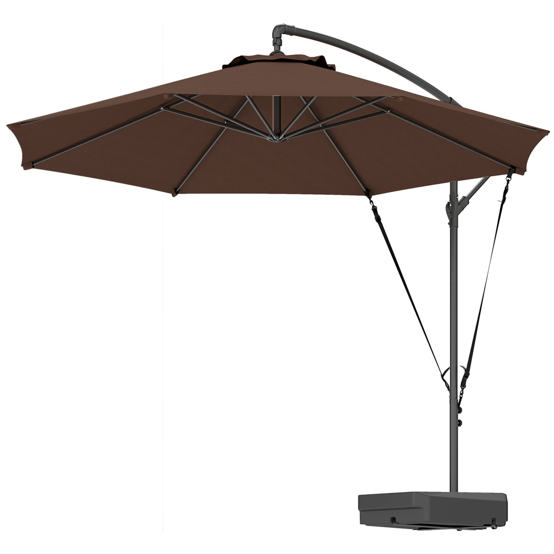 3(m) Garden Cantilever Parasol with Fillable Base, Wind Protection Strap, Cover, Round Banana Hanging Umbrella with Crank Handle and Tilt, Patio Umbrella for Outdoor Sun Shade, UPF50+, Brown