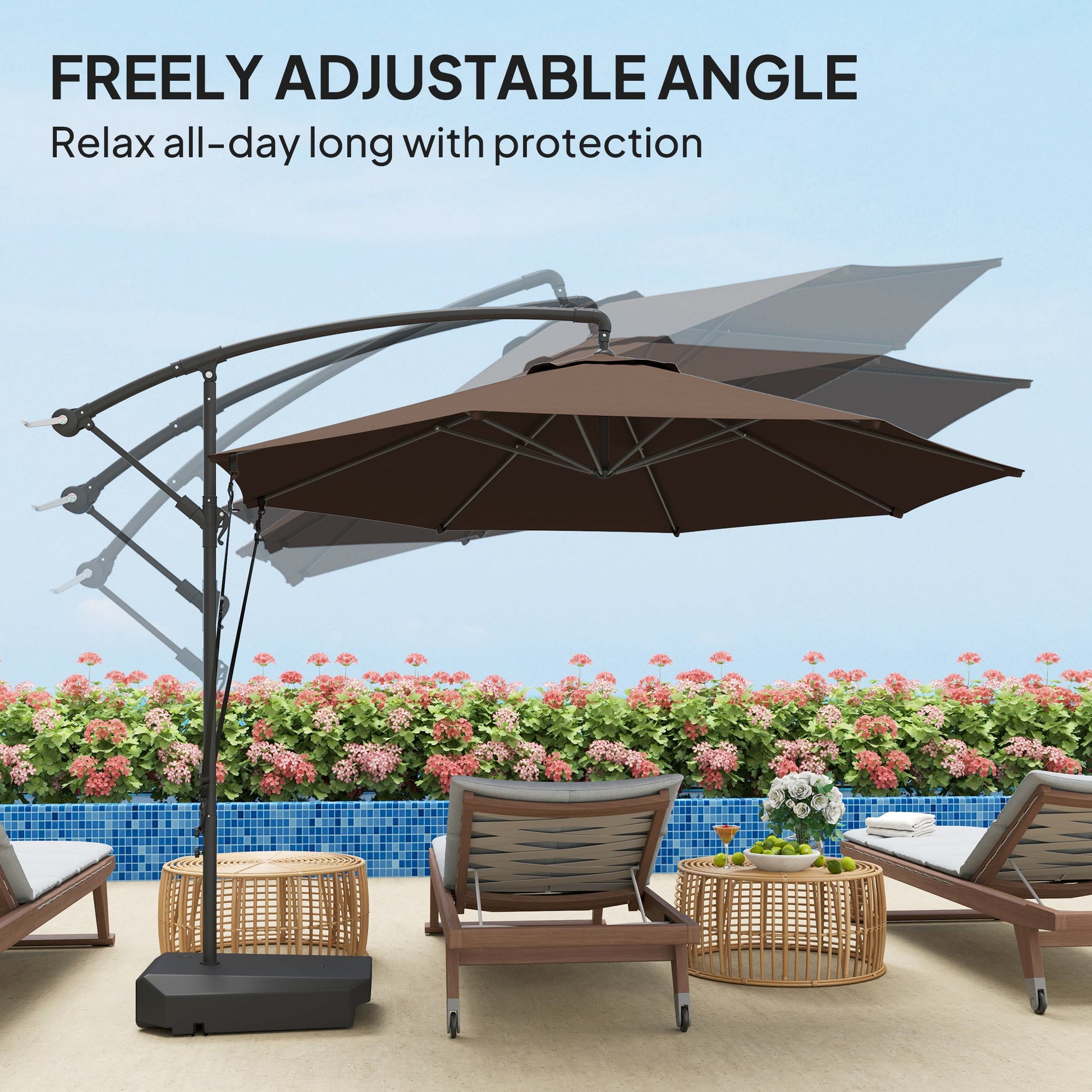 3(m) Garden Cantilever Parasol with Fillable Base, Wind Protection Strap, Cover, Round Banana Hanging Umbrella with Crank Handle and Tilt, Patio Umbrella for Outdoor Sun Shade, UPF50+, Brown