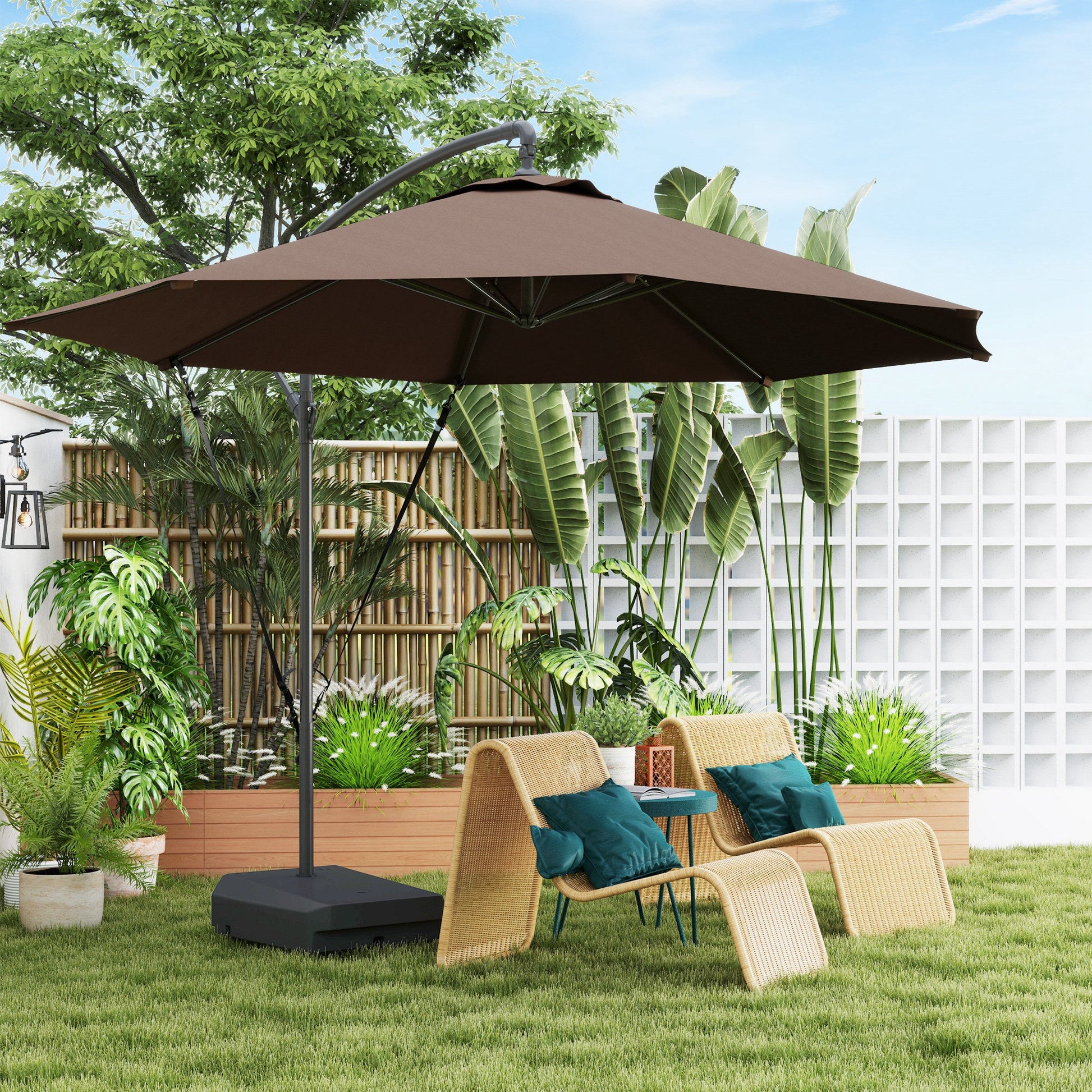 3(m) Garden Cantilever Parasol with Fillable Base, Wind Protection Strap, Cover, Round Banana Hanging Umbrella with Crank Handle and Tilt, Patio Umbrella for Outdoor Sun Shade, UPF50+, Brown