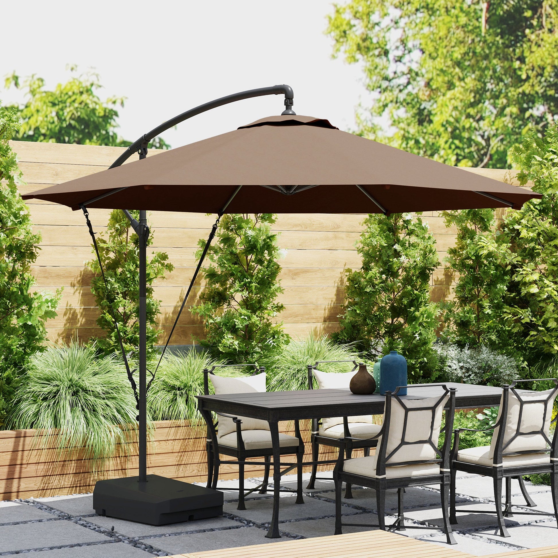 3(m) Garden Cantilever Parasol with Fillable Base, Wind Protection Strap, Cover, Round Banana Hanging Umbrella with Crank Handle and Tilt, Patio Umbrella for Outdoor Sun Shade, UPF50+, Brown