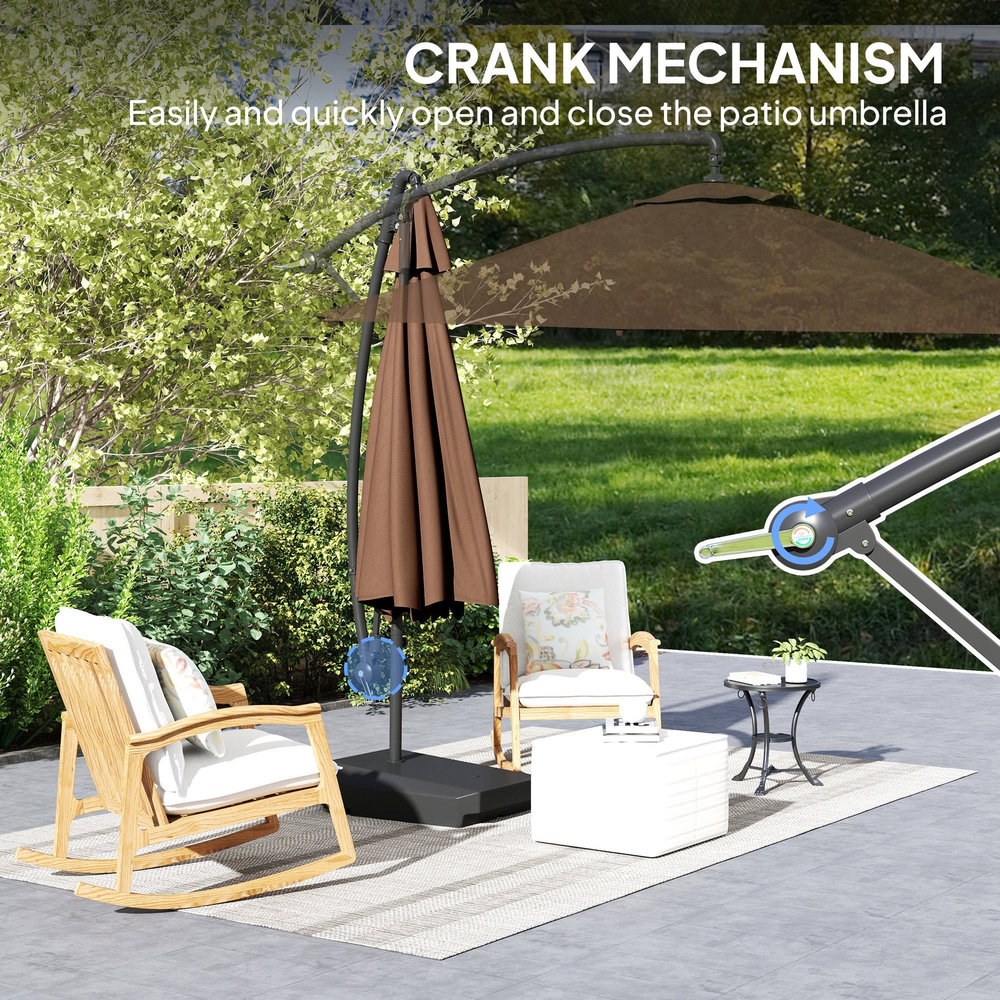 3(m) Garden Cantilever Parasol with Fillable Base, Wind Protection Strap, Cover, Round Banana Hanging Umbrella with Crank Handle and Tilt, Patio Umbrella for Outdoor Sun Shade, UPF50+, Brown
