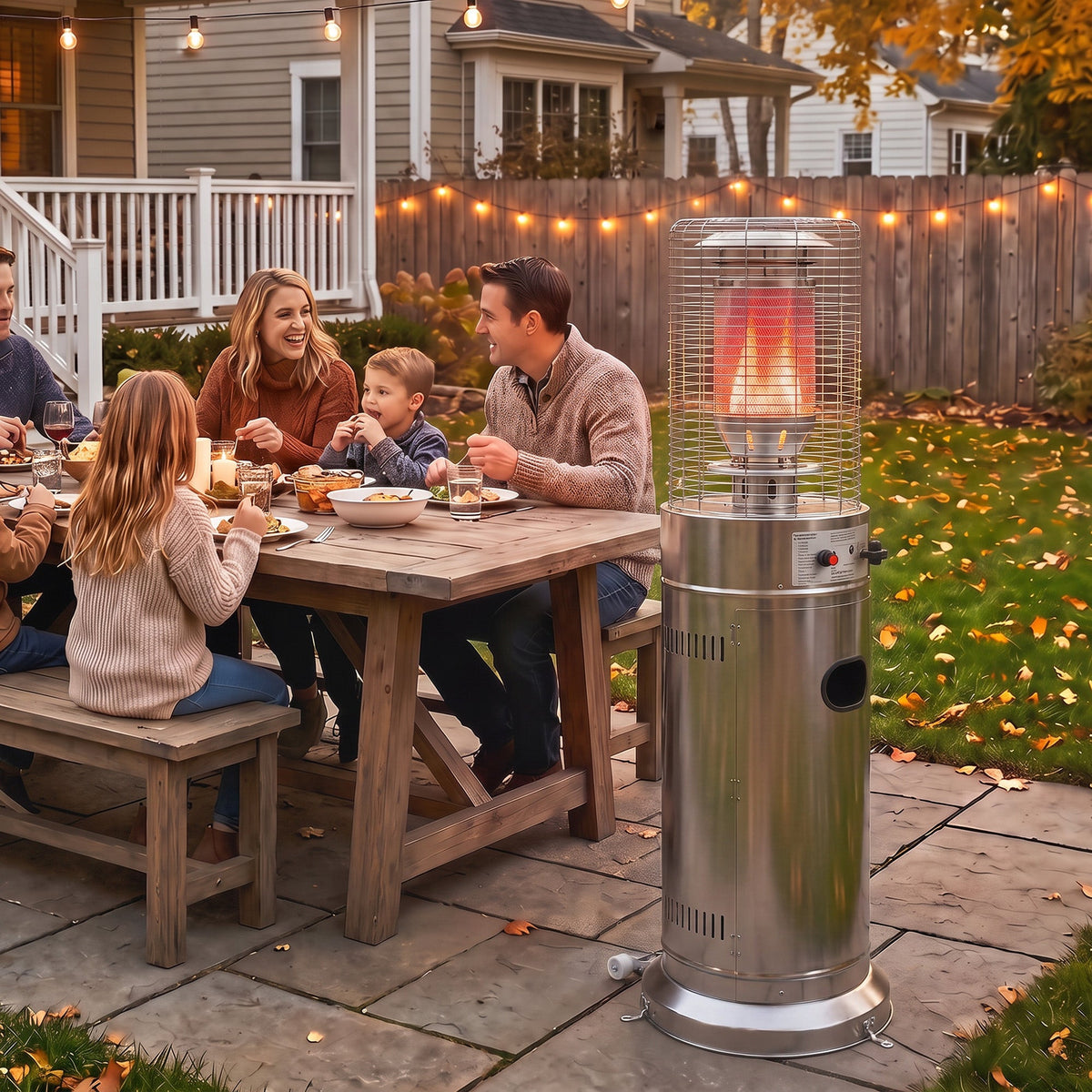Gas Patio Heater, 13 kW Stainless Steel Portable Propane Outdoor Heater with Stepless Heat Control, Pulse Ignition, Protective Mesh, Tip-over Protection, 2 Wheels for Garden, Silver