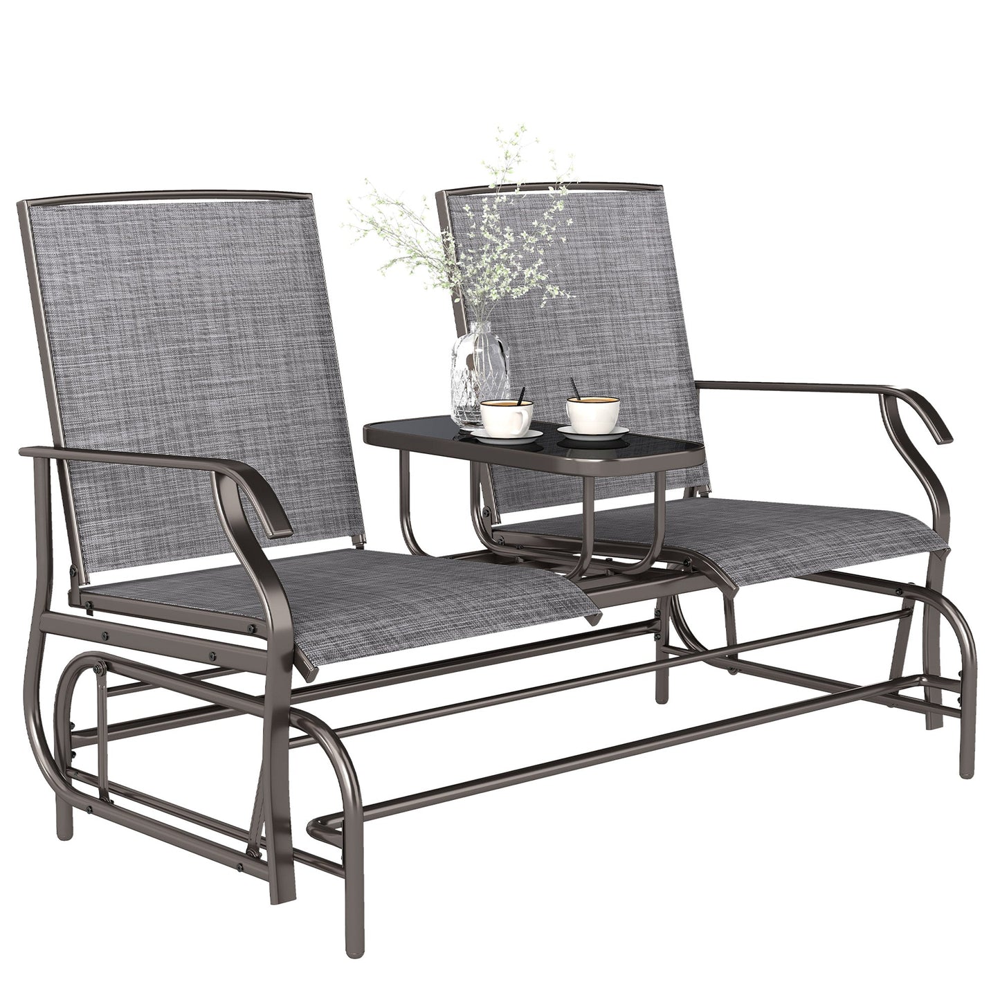 2 Seats Garden Glider Bench, Metal Frame Loveseat with Glass Top  Centre Table, Porch Rocking Glider for 2 Person, for Deck, Patio, Brown/ Grey