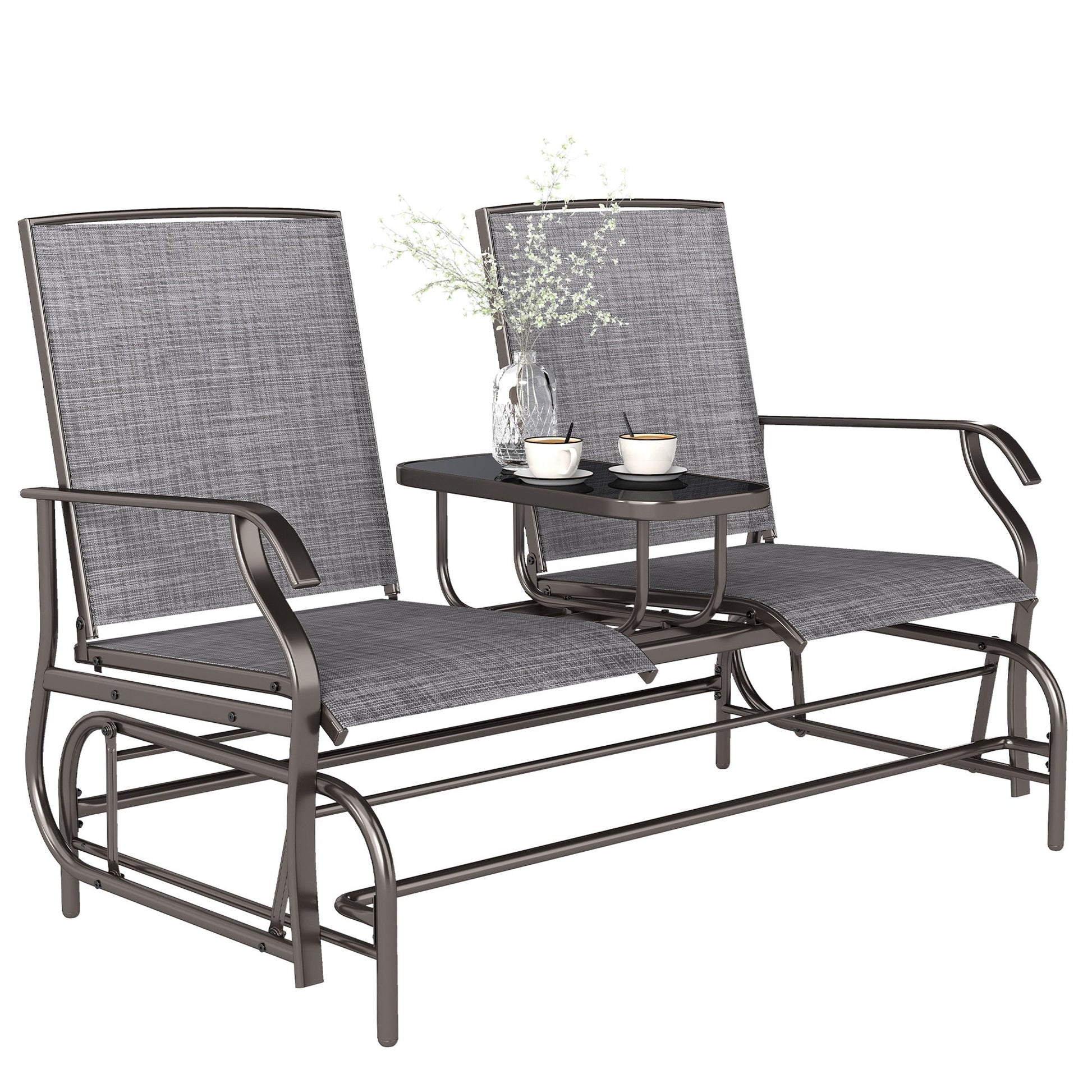 2 Seats Garden Glider Bench, Metal Frame Loveseat with Glass Top  Centre Table, Porch Rocking Glider for 2 Person, for Deck, Patio, Brown/ Grey