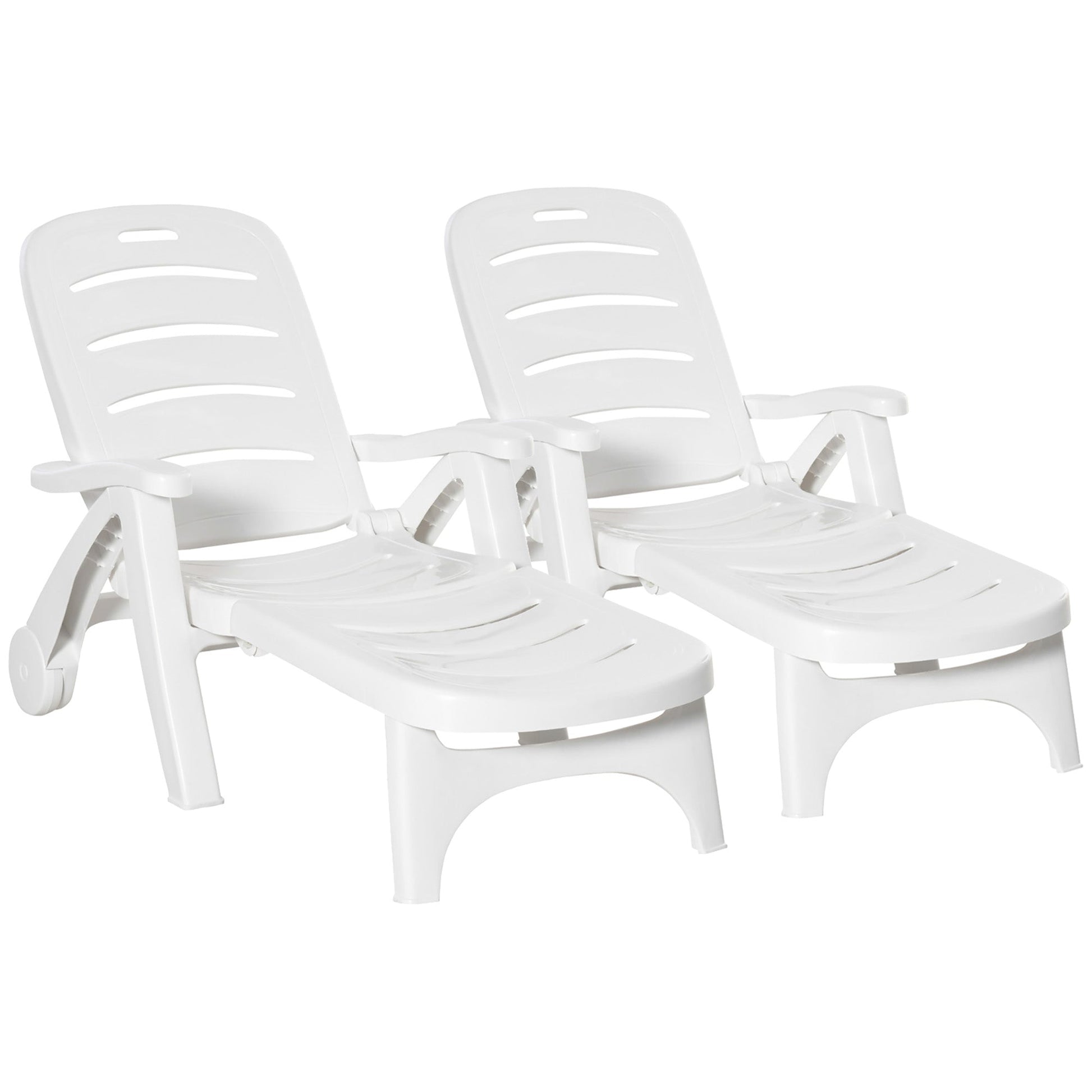 Outdoor Folding Plastic Chaise Lounge Chair on Wheels, 2 Piece Set Patio Sun Lounger Recliner & 5-Position Backrest for Garden, Beach, Pool, White