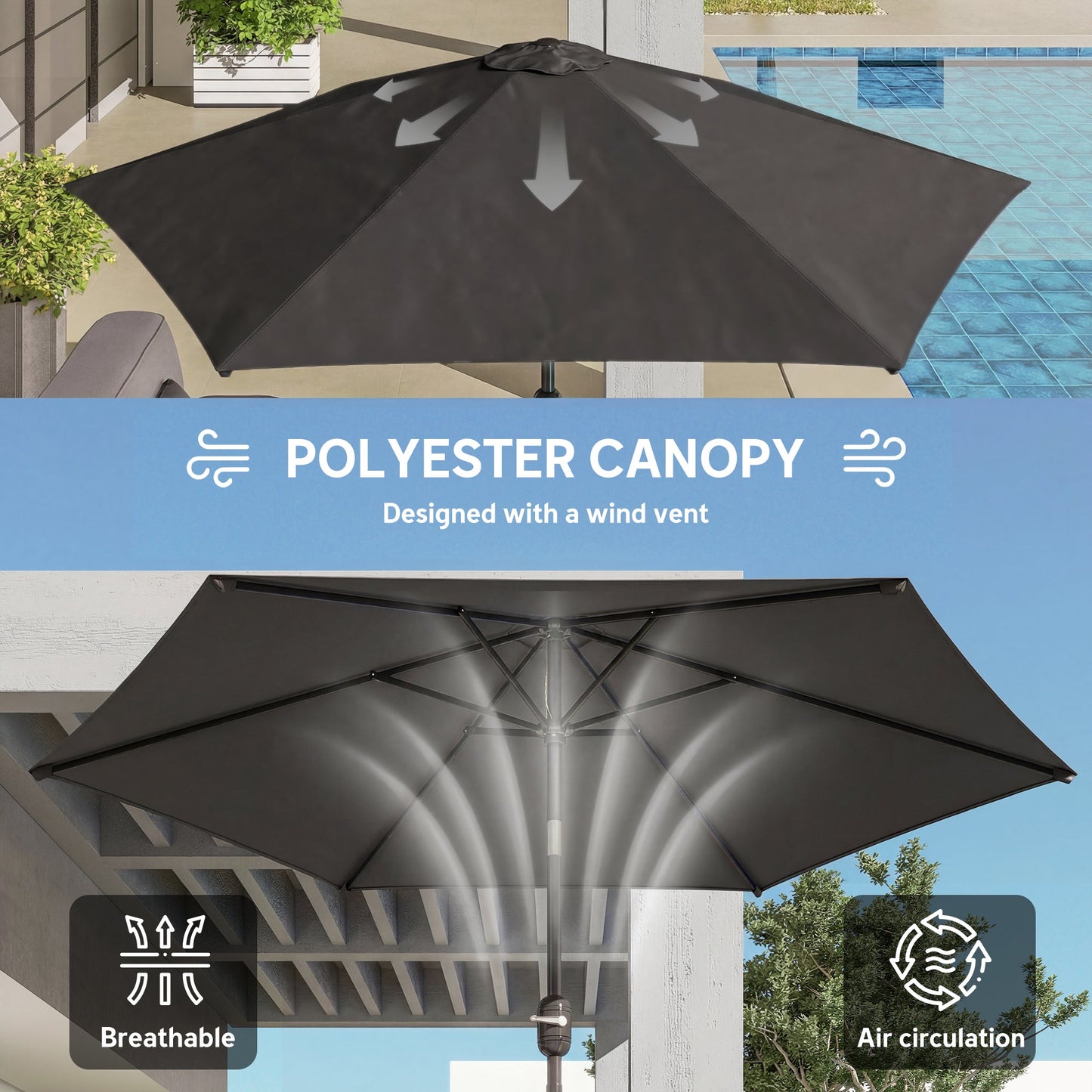 2.6 m Garden Parasol Umbrella with Aluminium Pole, Outdoor Table Market Patio Umbrella Sun Shade with Tilt and Crank, Vent, Black