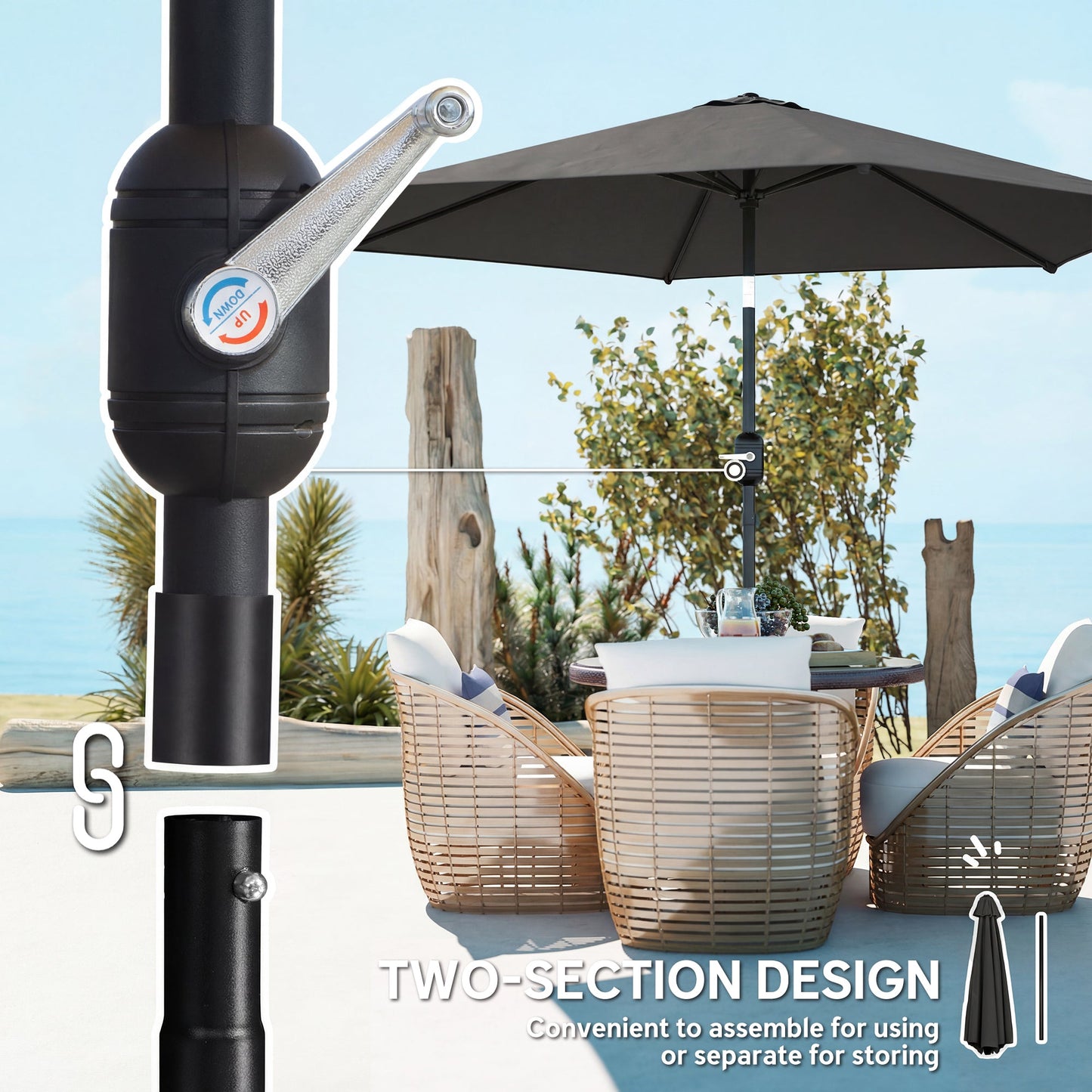 2.6 m Garden Parasol Umbrella with Aluminium Pole, Outdoor Table Market Patio Umbrella Sun Shade with Tilt and Crank, Vent, Black