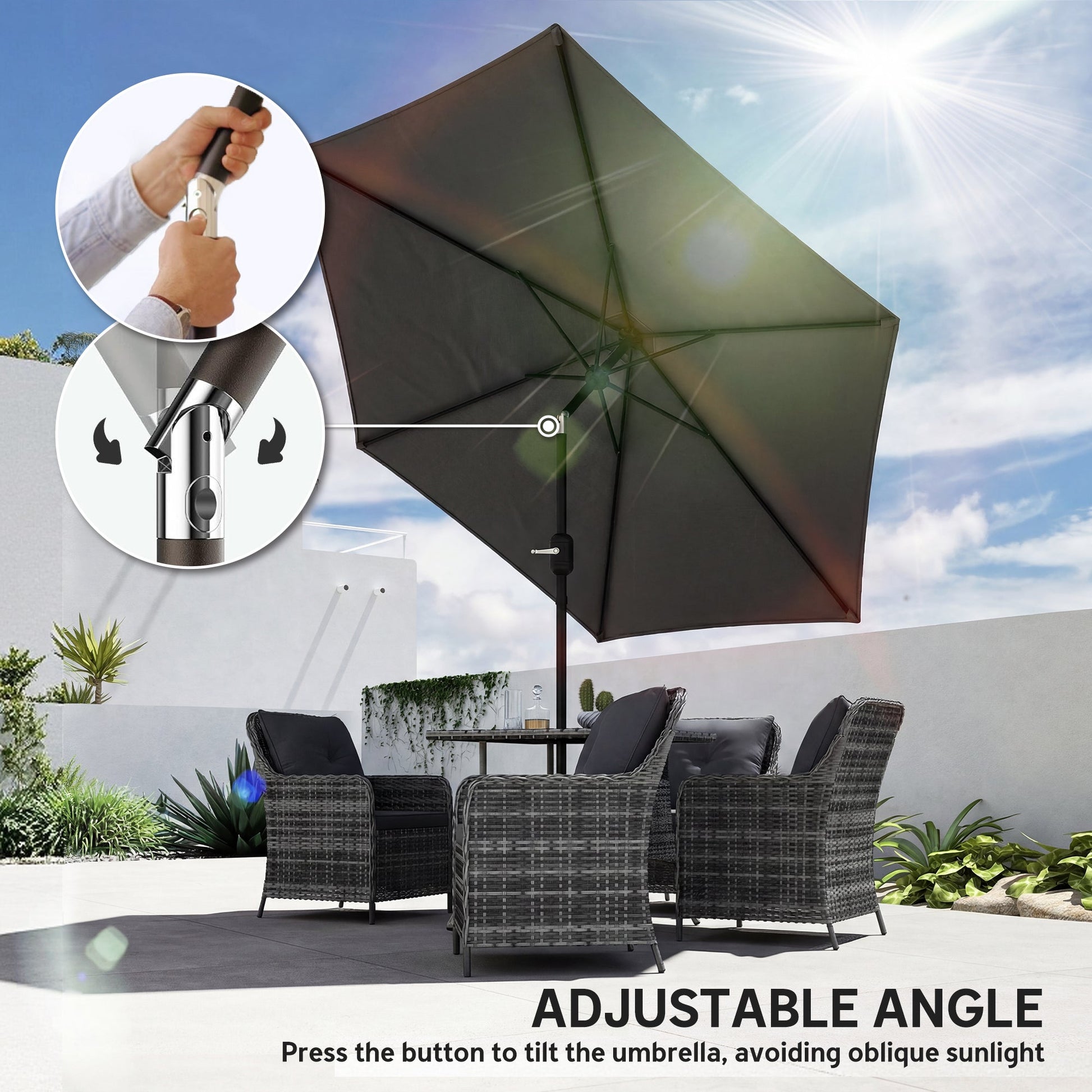 2.6 m Garden Parasol Umbrella with Aluminium Pole, Outdoor Table Market Patio Umbrella Sun Shade with Tilt and Crank, Vent, Black