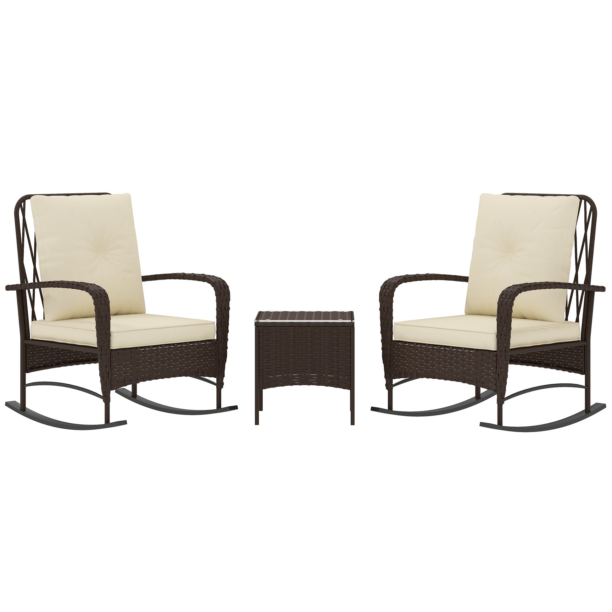 3 Pieces Rattan Bistro Set, Wicker Garden Furniture Set with Cushions, Glass Top Coffee Table and Rocking Chairs, Small Balcony Furniture for Outdoor, Porch, Brown