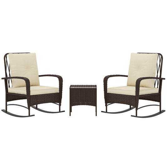 3 Pieces Rattan Bistro Set, Wicker Garden Furniture Set with Cushions, Glass Top Coffee Table and Rocking Chairs, Small Balcony Furniture for Outdoor, Porch, Brown