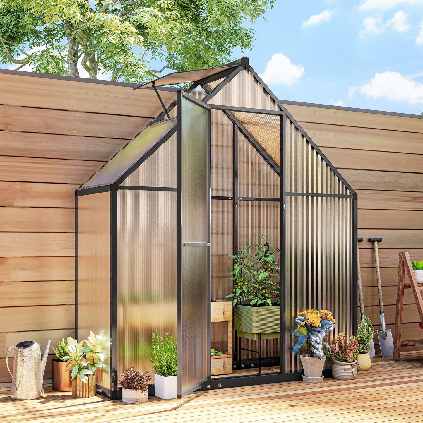 5.5 x 6.5ft Polycarbonate Greenhouse with Swing Door and Adjustable Window, Walk-in Greenhouse Aluminium Garden Green House for Patio Garden Backyard, Black
