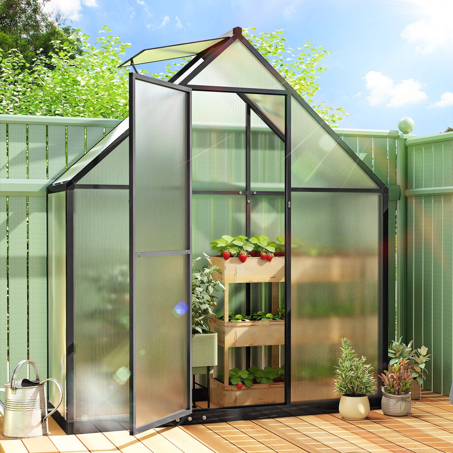 5.5 x 6.5ft Polycarbonate Greenhouse with Swing Door and Adjustable Window, Walk-in Greenhouse Aluminium Garden Green House for Patio Garden Backyard, Black