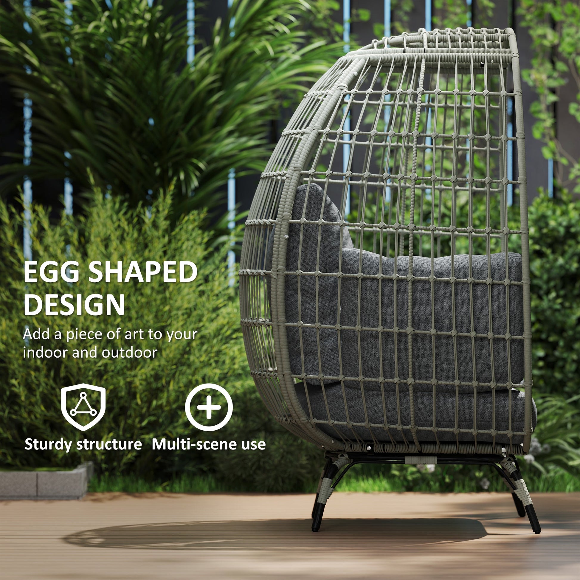 Oversized Garden Egg Chair, Outdoor Wicker PE Rattan Chair with Thickened Padded Cushions and Pillows for Balcony, Porch, Charcoal Grey