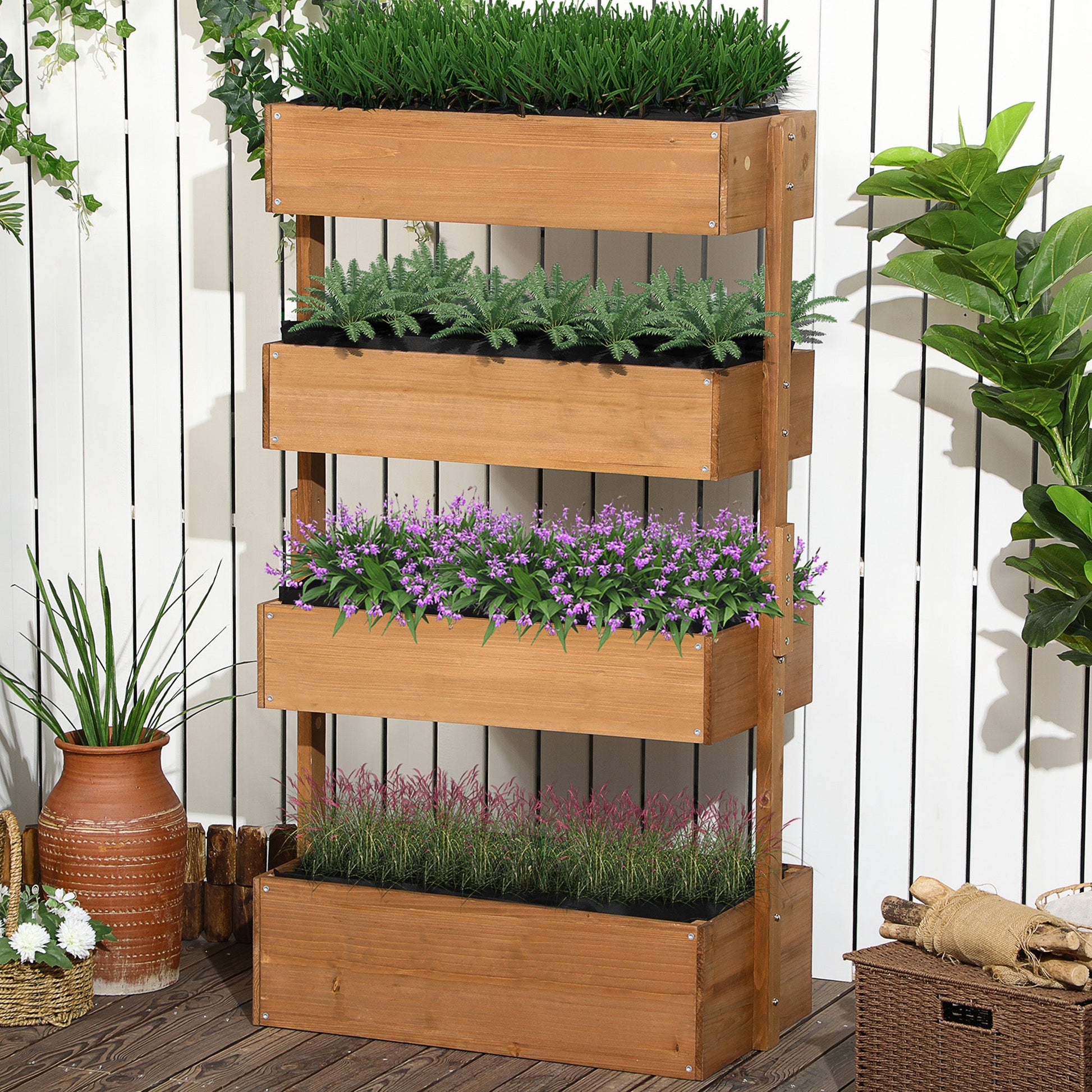 80cm x 45cm x 142cm 4-Tier Raised Garden Bed, Fir Wood Vertical Planter Box, Freestanding Elevated Plant Stand for Indoor Outdoor Use, Orange