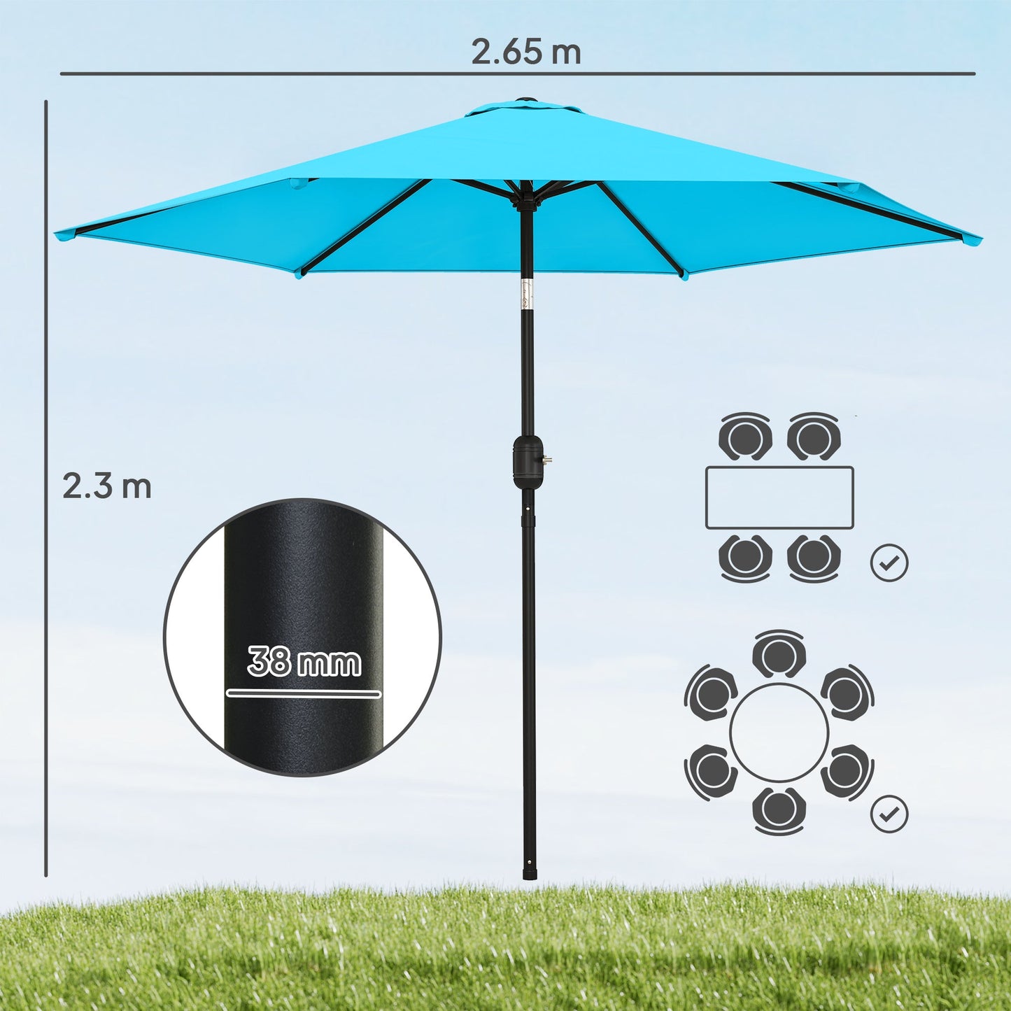 2.6 m Garden Parasol Umbrella with Aluminium Pole, Outdoor Table Market Patio Umbrella Sun Shade with Tilt and Crank, Vent, Blue