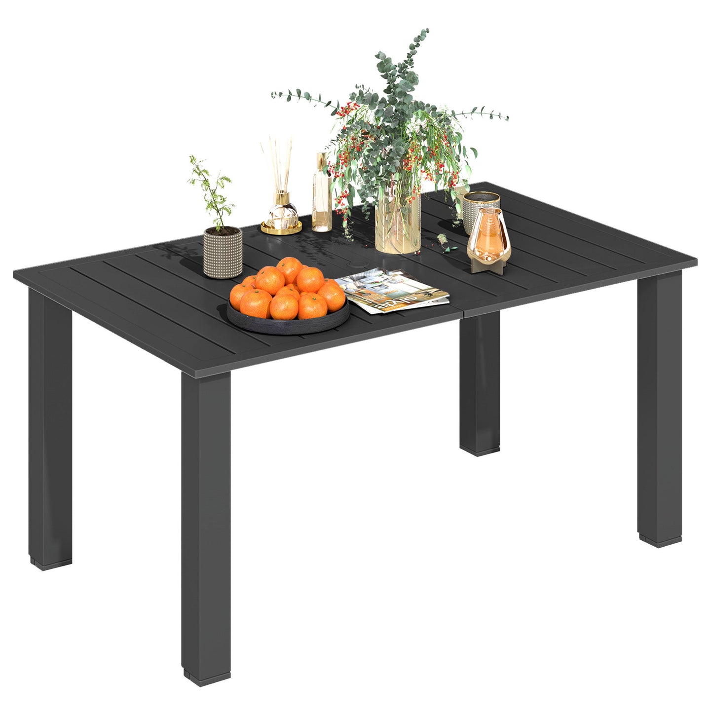 Garden Table with Parasol Hole for 6 Person, Rectangle Outdoor Dining Table with Slatted Metal Tabletop, Steel Frame for Patio, Balcony, 150 x 90 x 73 cm, Black