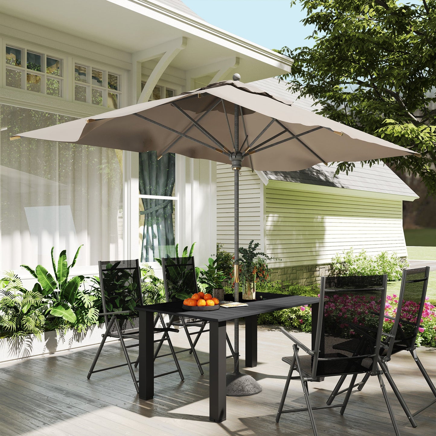 Garden Table with Parasol Hole for 6 Person, Rectangle Outdoor Dining Table with Slatted Metal Tabletop, Steel Frame for Patio, Balcony, 150 x 90 x 73 cm, Black