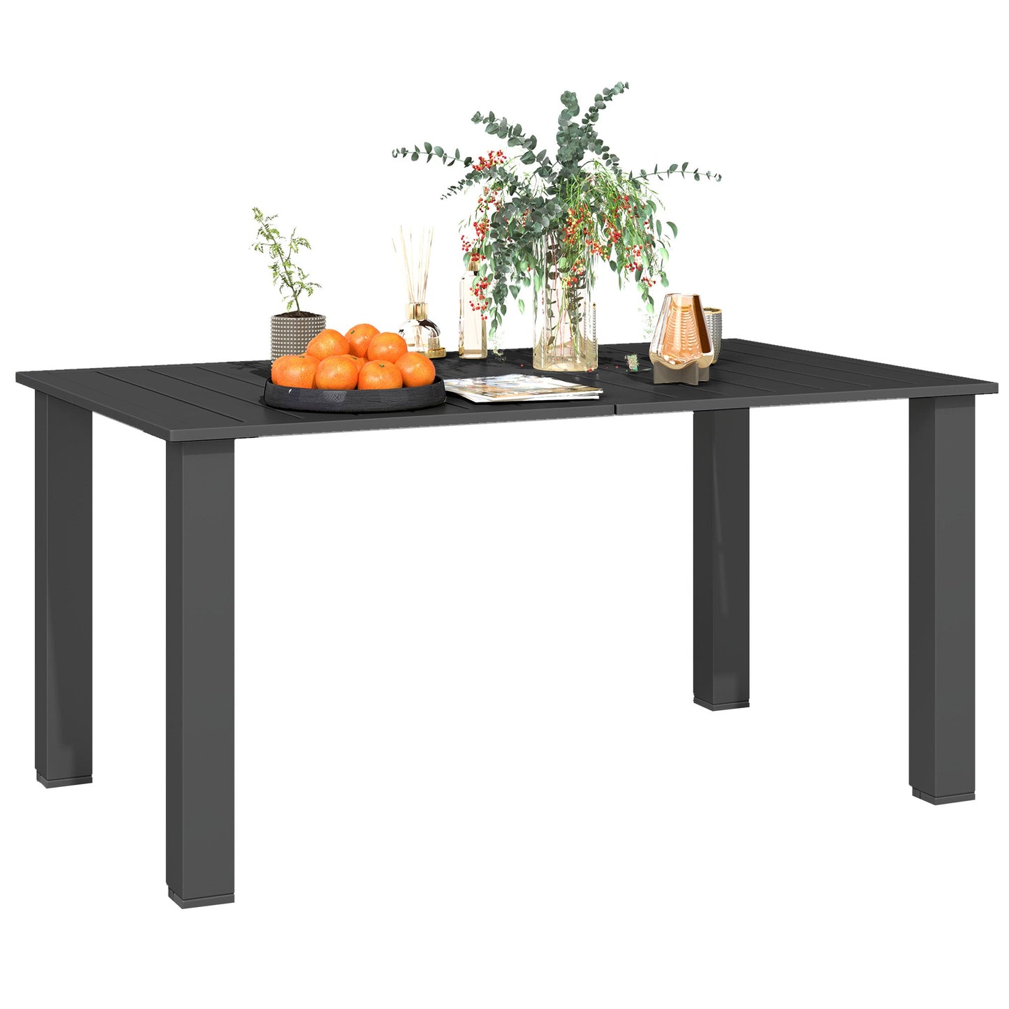 Garden Table with Parasol Hole for 6 Person, Rectangle Outdoor Dining Table with Slatted Metal Tabletop, Steel Frame for Patio, Balcony, 150 x 90 x 73 cm, Black