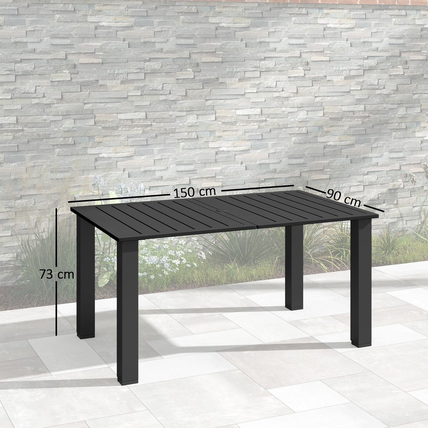 Garden Table with Parasol Hole for 6 Person, Rectangle Outdoor Dining Table with Slatted Metal Tabletop, Steel Frame for Patio, Balcony, 150 x 90 x 73 cm, Black