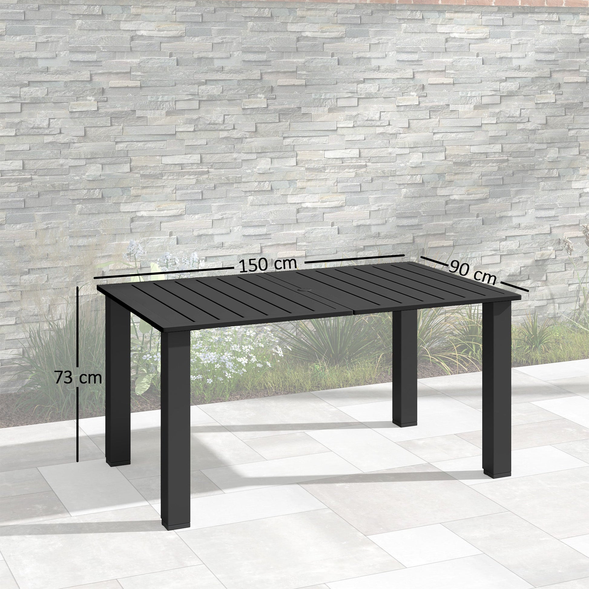 Garden Table with Parasol Hole for 6 Person, Rectangle Outdoor Dining Table with Slatted Metal Tabletop, Steel Frame for Patio, Balcony, 150 x 90 x 73 cm, Black