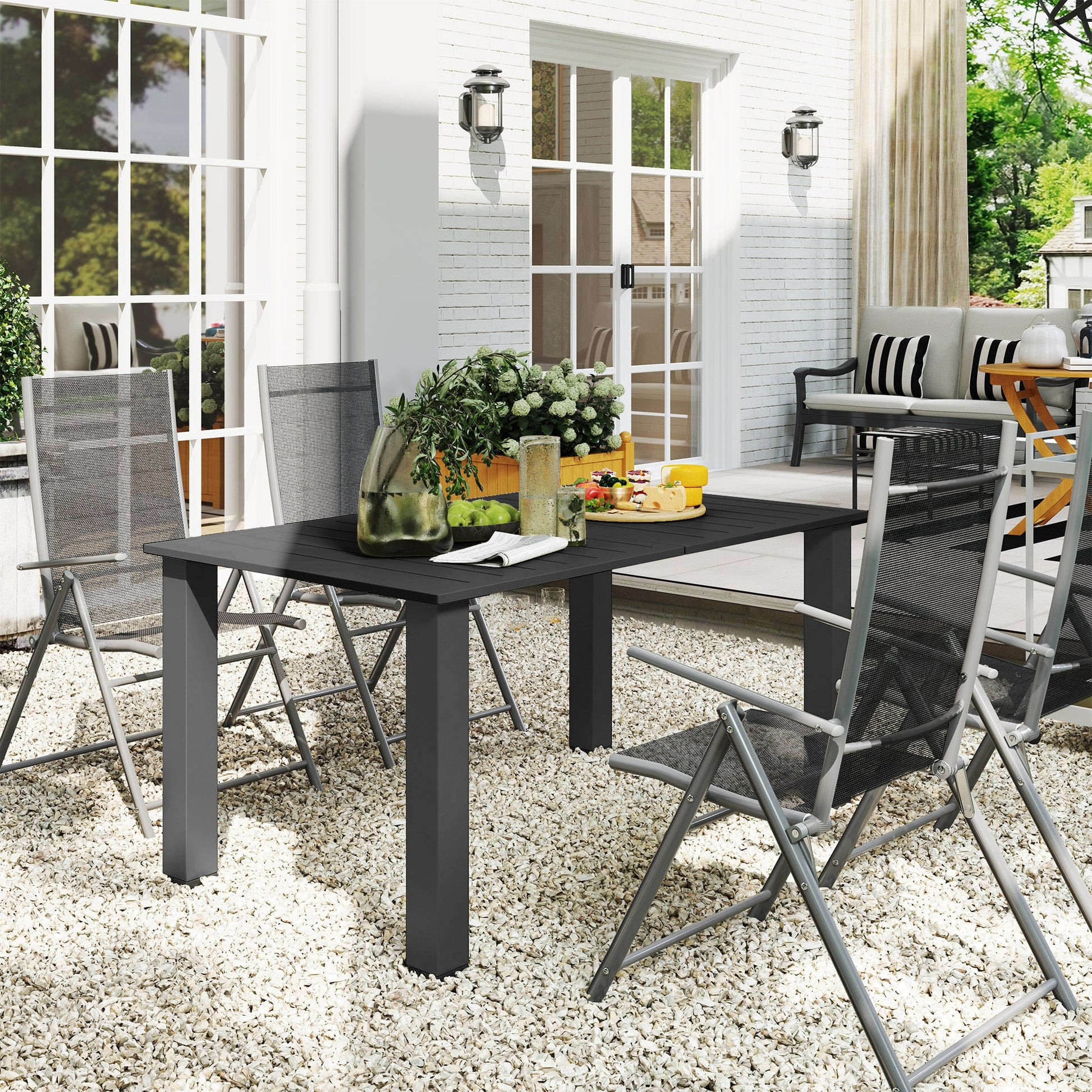 Garden Table with Parasol Hole for 6 Person, Rectangle Outdoor Dining Table with Slatted Metal Tabletop, Steel Frame for Patio, Balcony, 150 x 90 x 73 cm, Black