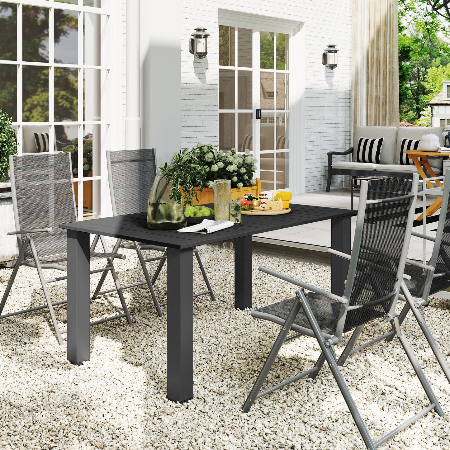 Garden Table with Parasol Hole for 6 Person, Rectangle Outdoor Dining Table with Slatted Metal Tabletop, Steel Frame for Patio, Balcony, 150 x 90 x 73 cm, Black