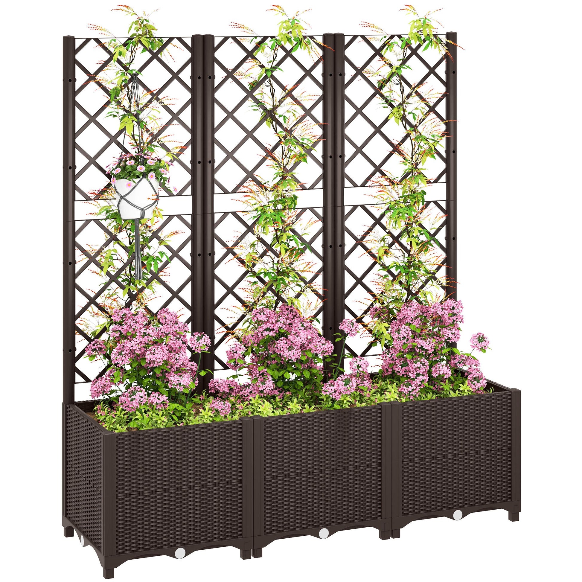 Raised Garden Bed with Trellis, Plastic Planter Box with Drainage Holes and Drain Plugs for Climbing Plants, Vegetables, Flowers, Brown