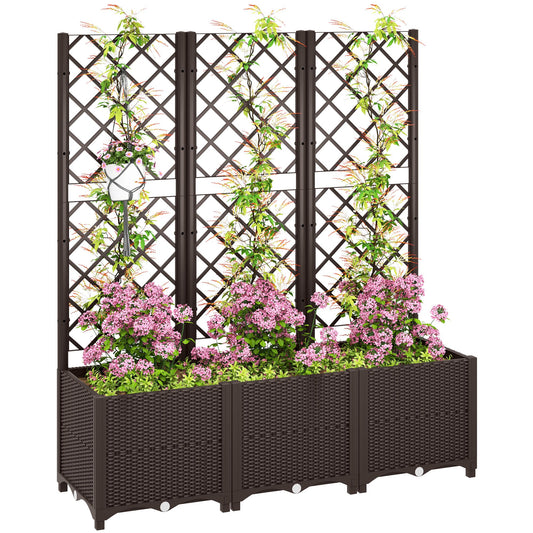 Raised Garden Bed with Trellis, Plastic Planter Box with Drainage Holes and Drain Plugs for Climbing Plants, Vegetables, Flowers, Brown