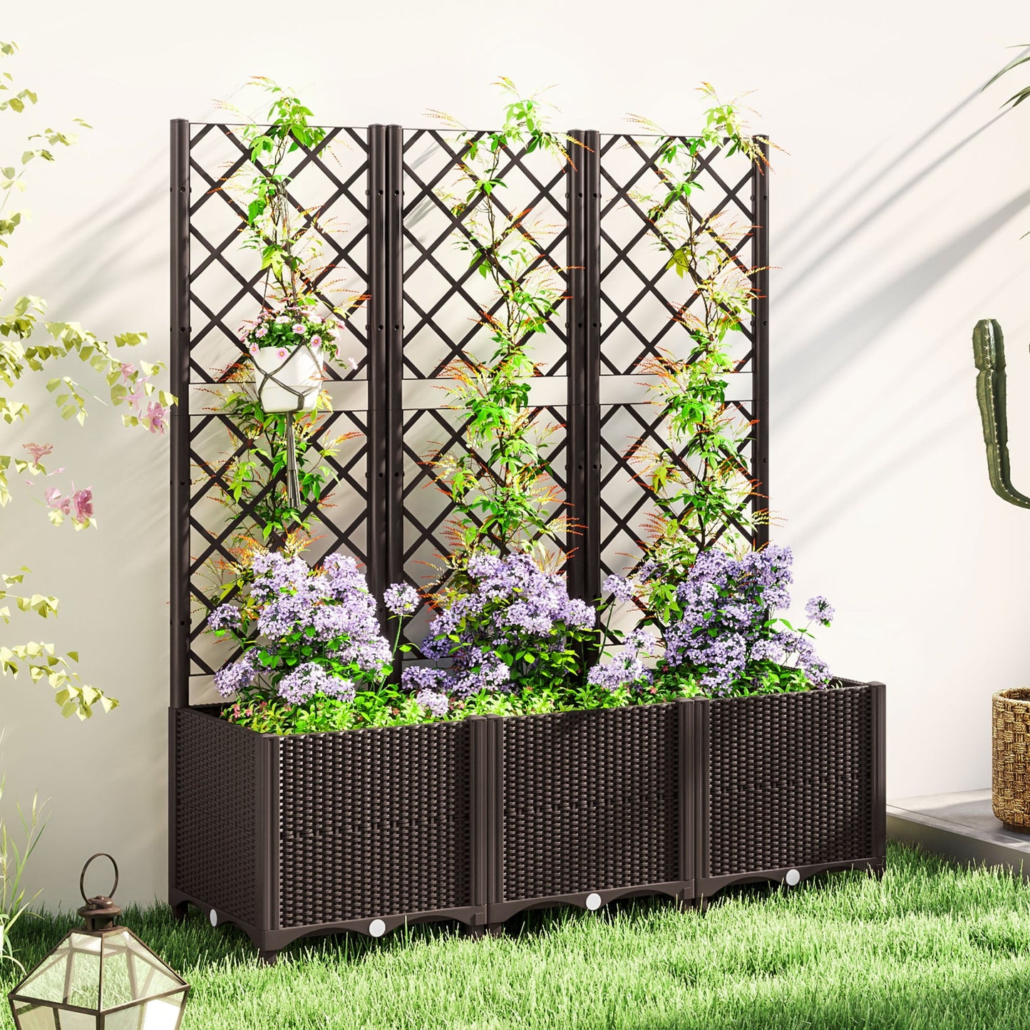 Raised Garden Bed with Trellis, Plastic Planter Box with Drainage Holes and Drain Plugs for Climbing Plants, Vegetables, Flowers, Brown