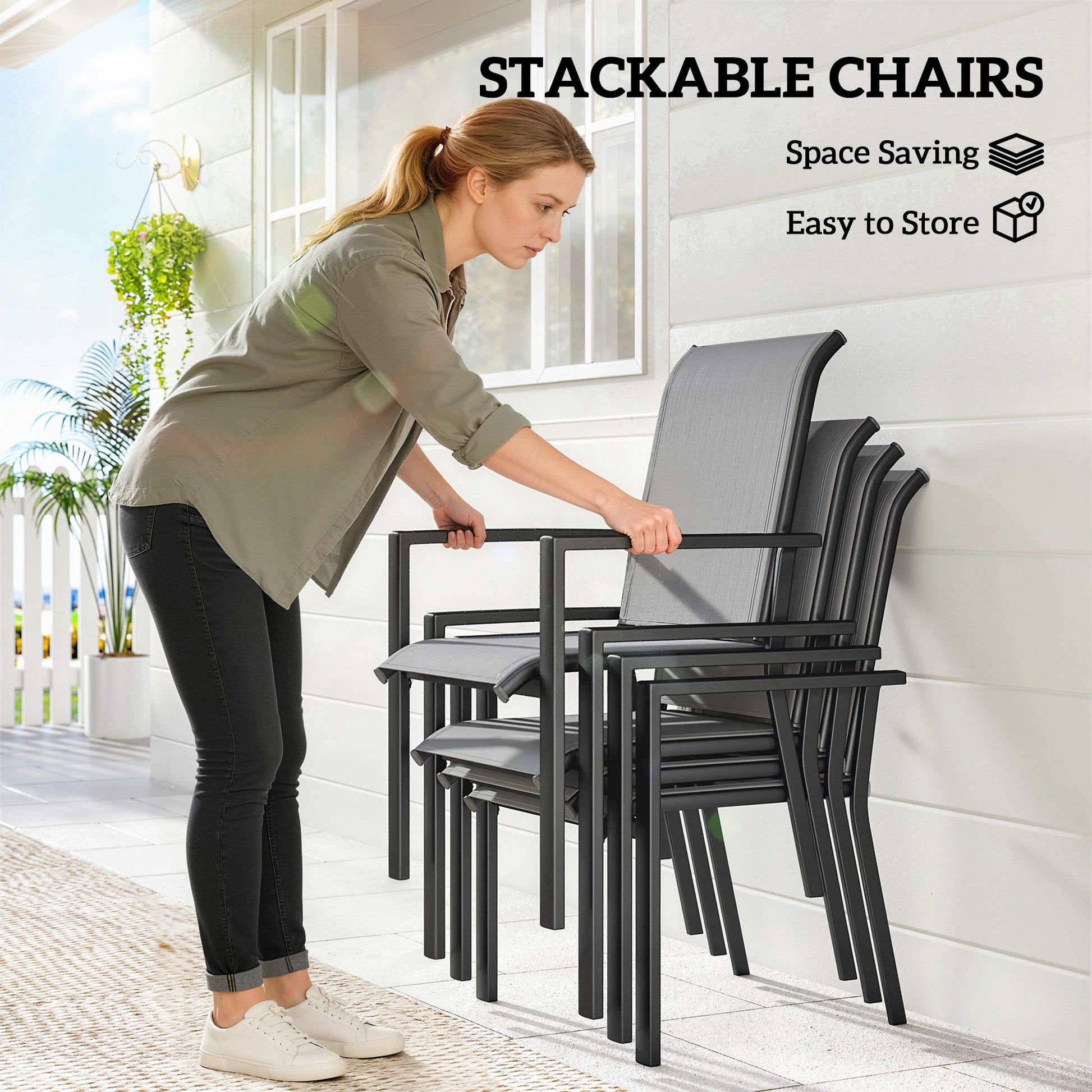 5 Pieces Garden Dining Set for 4, Patio Table and Stackable Chairs with Breathable Mesh Seat and Parasol Hole, Garden Furniture Set with Steel Frame for Garden, Dark Grey