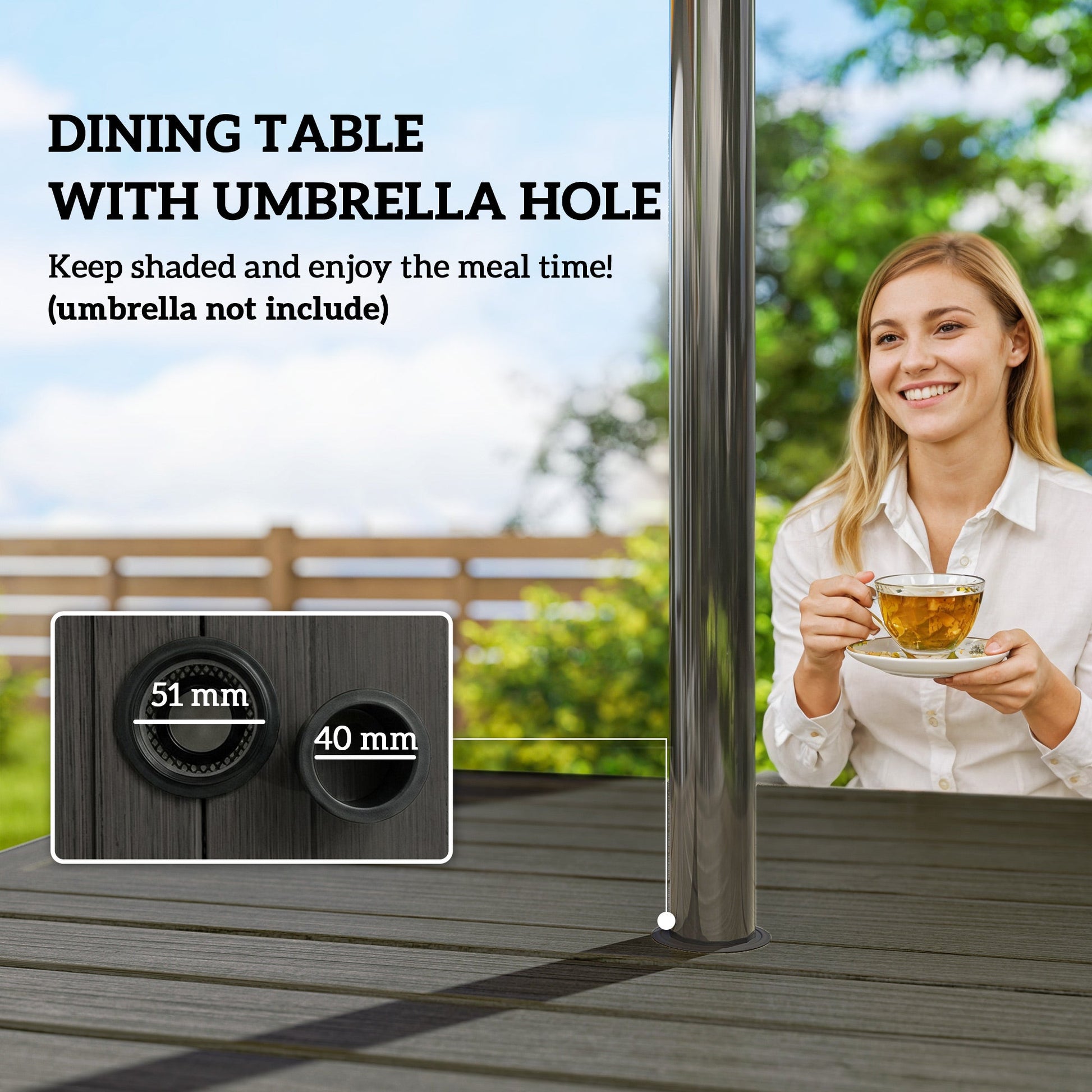 5 Pieces Garden Dining Set for 4, Patio Table and Stackable Chairs with Breathable Mesh Seat and Parasol Hole, Garden Furniture Set with Steel Frame for Garden, Dark Grey