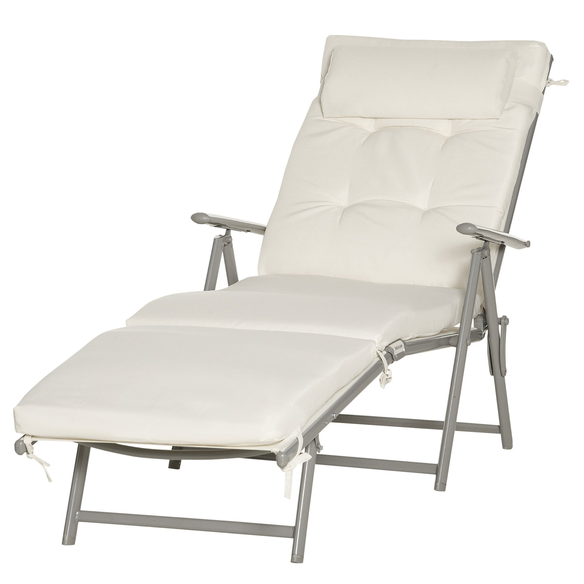 Sun Lounger Steel Frame Outdoor Folding Chaise Texteline Lounge Chair Recliner with Headrest & 7 Levels Adjustable Backrest, Cream White