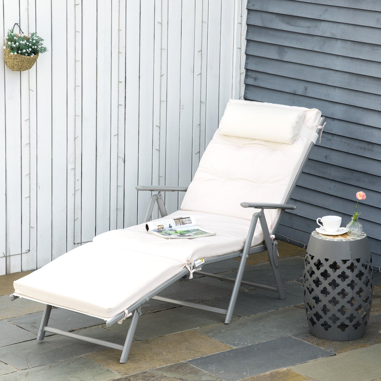 Sun Lounger Steel Frame Outdoor Folding Chaise Texteline Lounge Chair Recliner with Headrest & 7 Levels Adjustable Backrest, Cream White