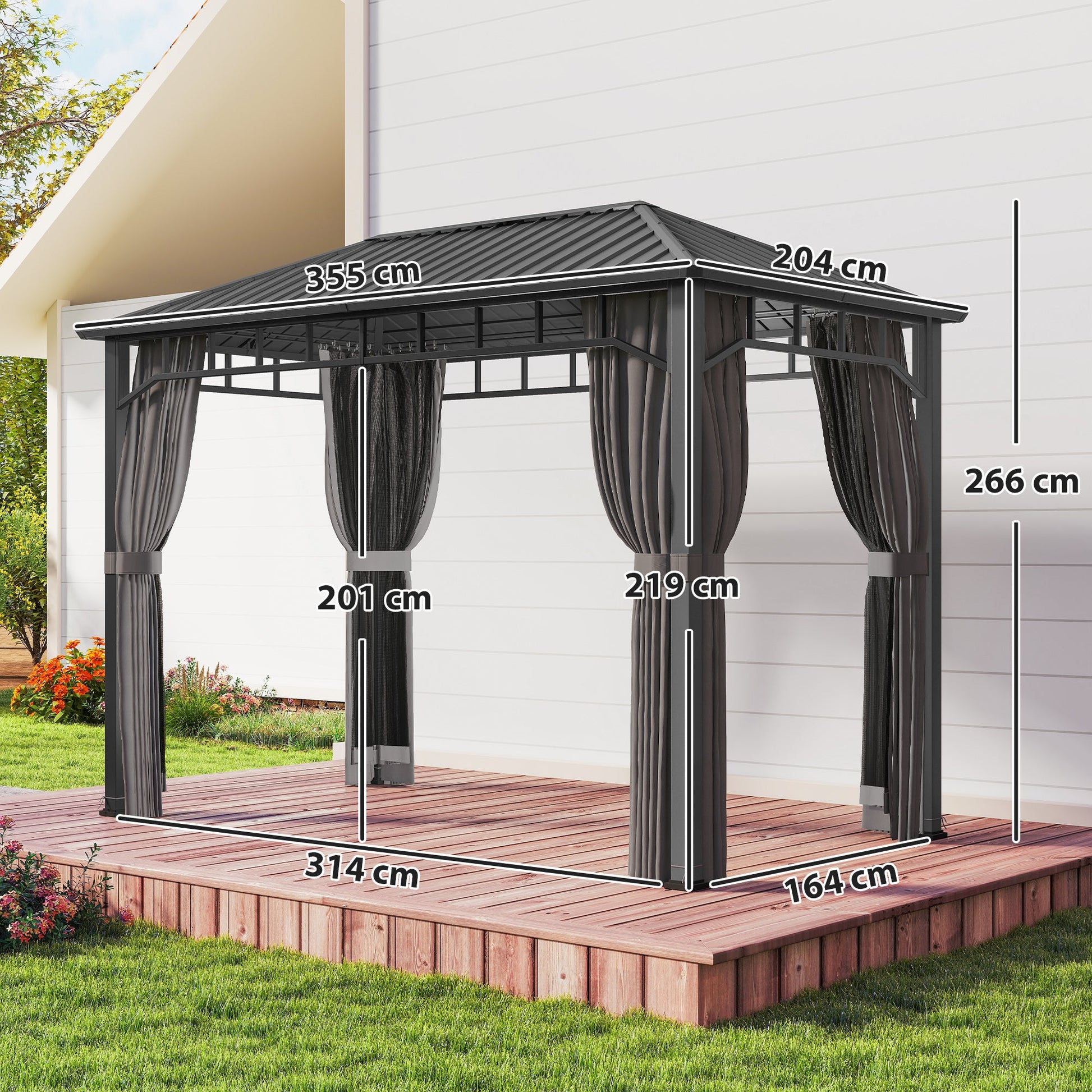 2 x 3.5 m Hardtop Gazebo with Galvanised Steel Roof, Waterproof Permanent Pavilion Garden Gazebo with Netting and Curtains for Patio, Deck, Dark Grey