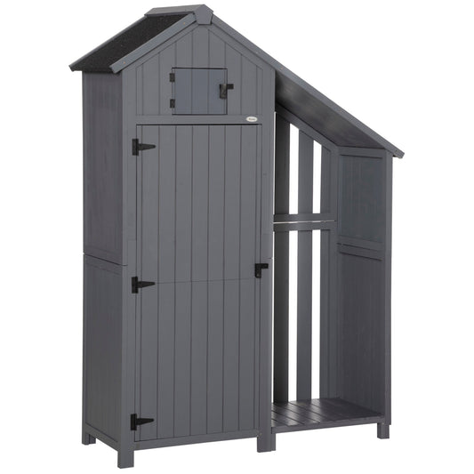 Wooden Garden Storage Shed with 3 Shelves, Outdoor Garden Tool Storage Cabinet with Tilt Roof, Firewood Rack Log Carrier, 129 x 51.5 x 180cm, Grey