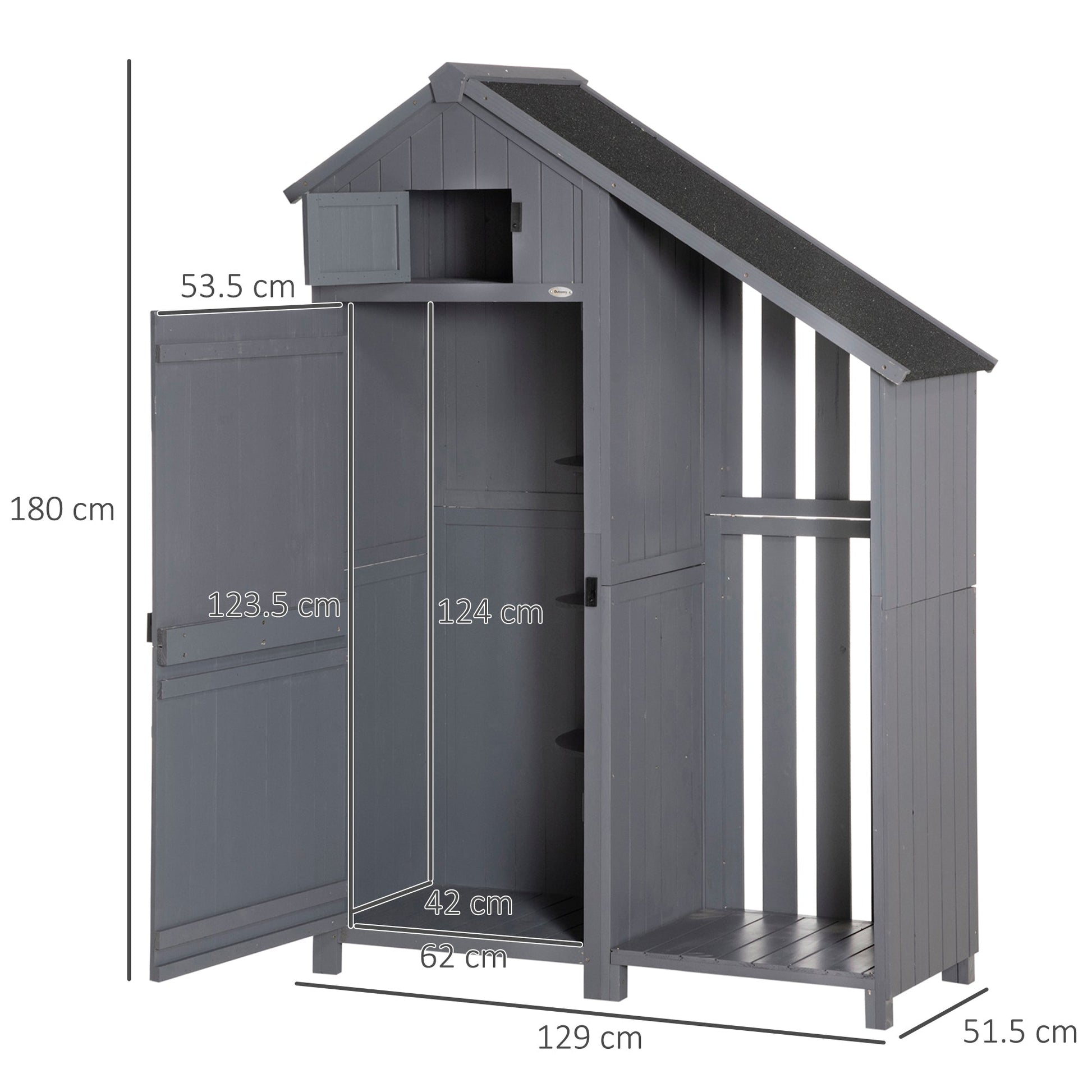 Wooden Garden Storage Shed with 3 Shelves, Outdoor Garden Tool Storage Cabinet with Tilt Roof, Firewood Rack Log Carrier, 129 x 51.5 x 180cm, Grey