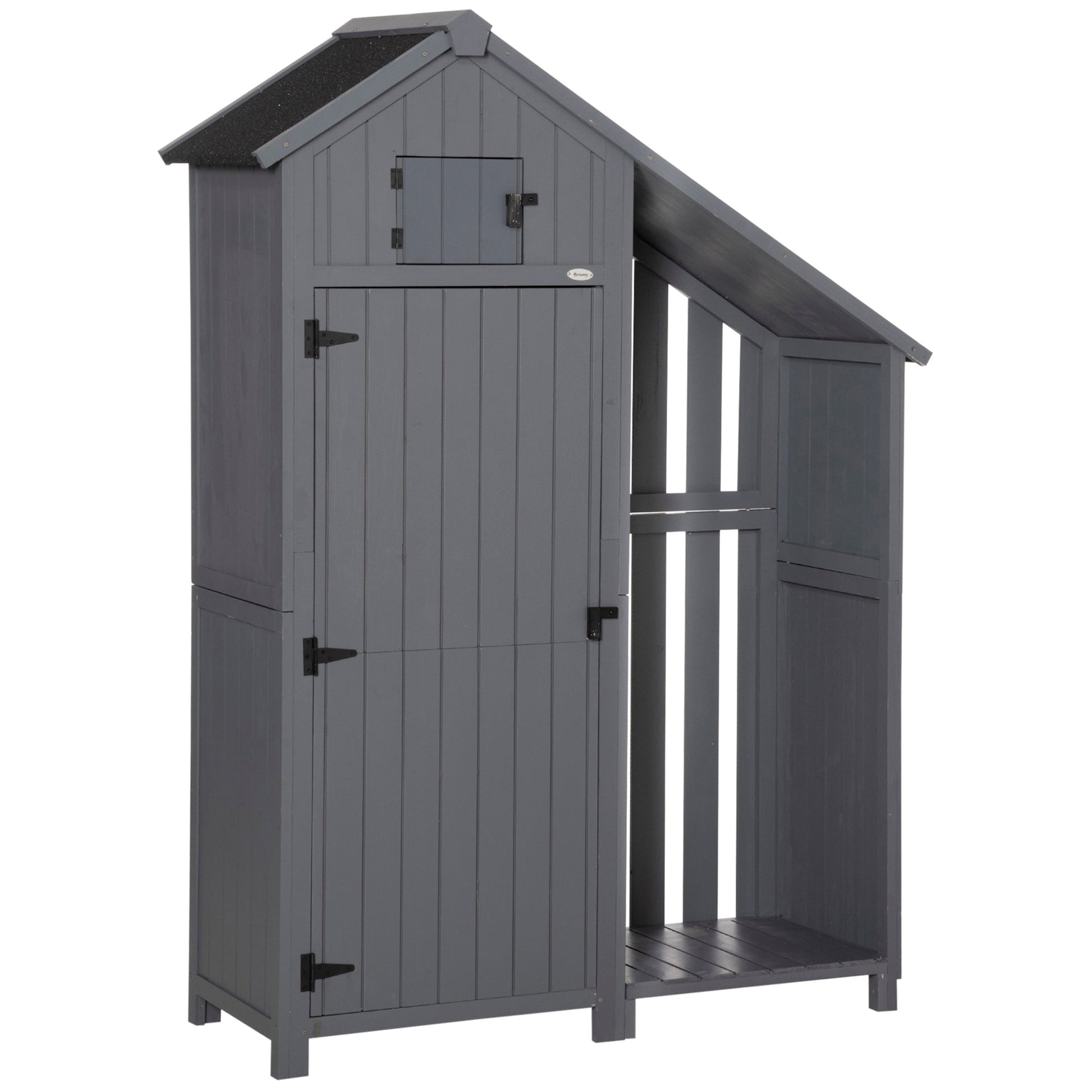 Wooden Garden Storage Shed with 3 Shelves, Outdoor Garden Tool Storage Cabinet with Tilt Roof, Firewood Rack Log Carrier, 129 x 51.5 x 180cm, Grey