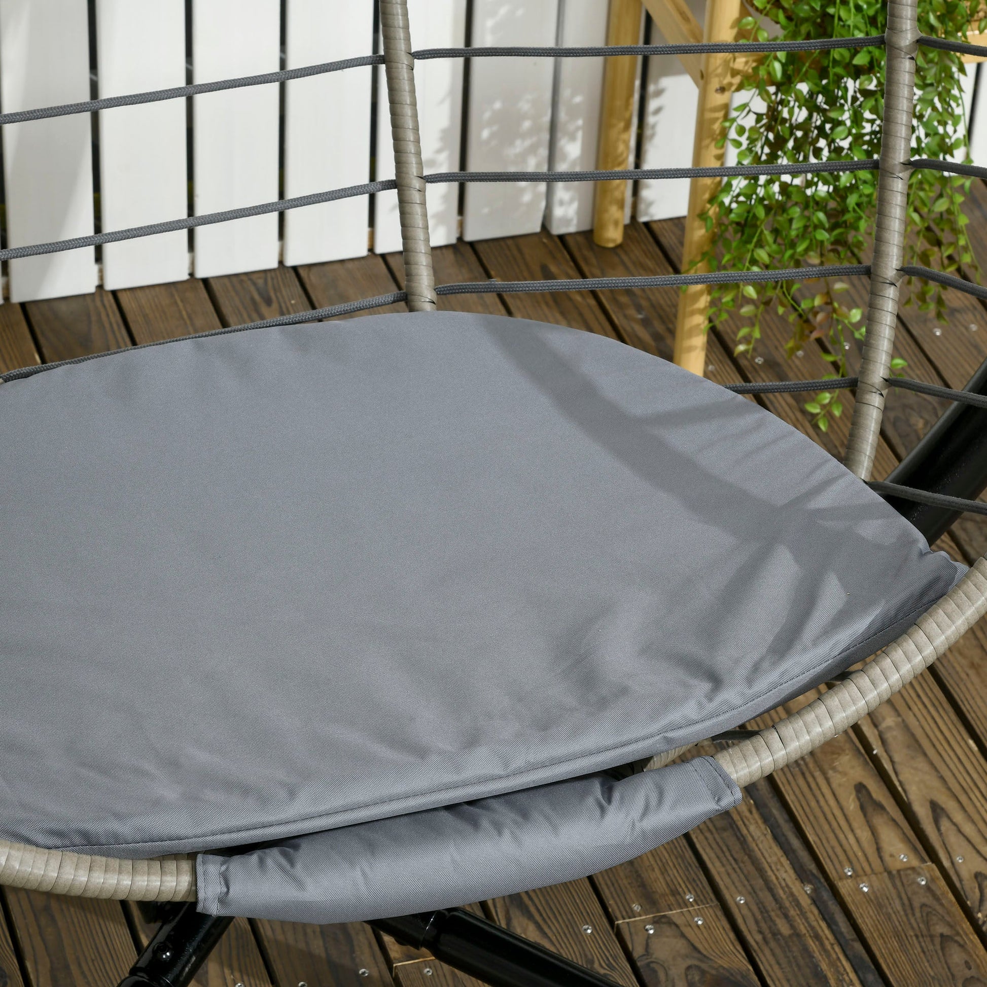 PE Rattan Swing Chair, Outdoor Hanging Chair with Metal Stand, Thick Padded Cushion, Foldable Basket and Cup Holder, for Indoor and Outdoor, Grey