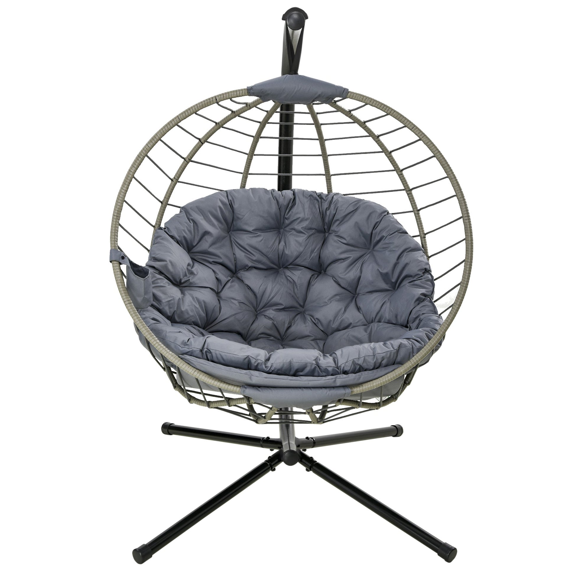 PE Rattan Swing Chair, Outdoor Hanging Chair with Metal Stand, Thick Padded Cushion, Foldable Basket and Cup Holder, for Indoor and Outdoor, Grey