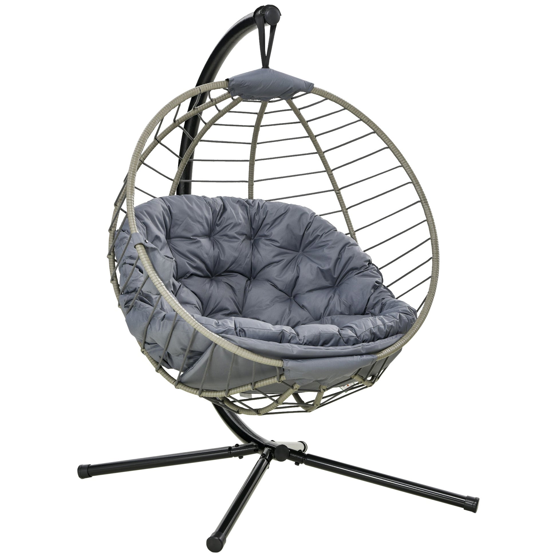 PE Rattan Swing Chair, Outdoor Hanging Chair with Metal Stand, Thick Padded Cushion, Foldable Basket and Cup Holder, for Indoor and Outdoor, Grey