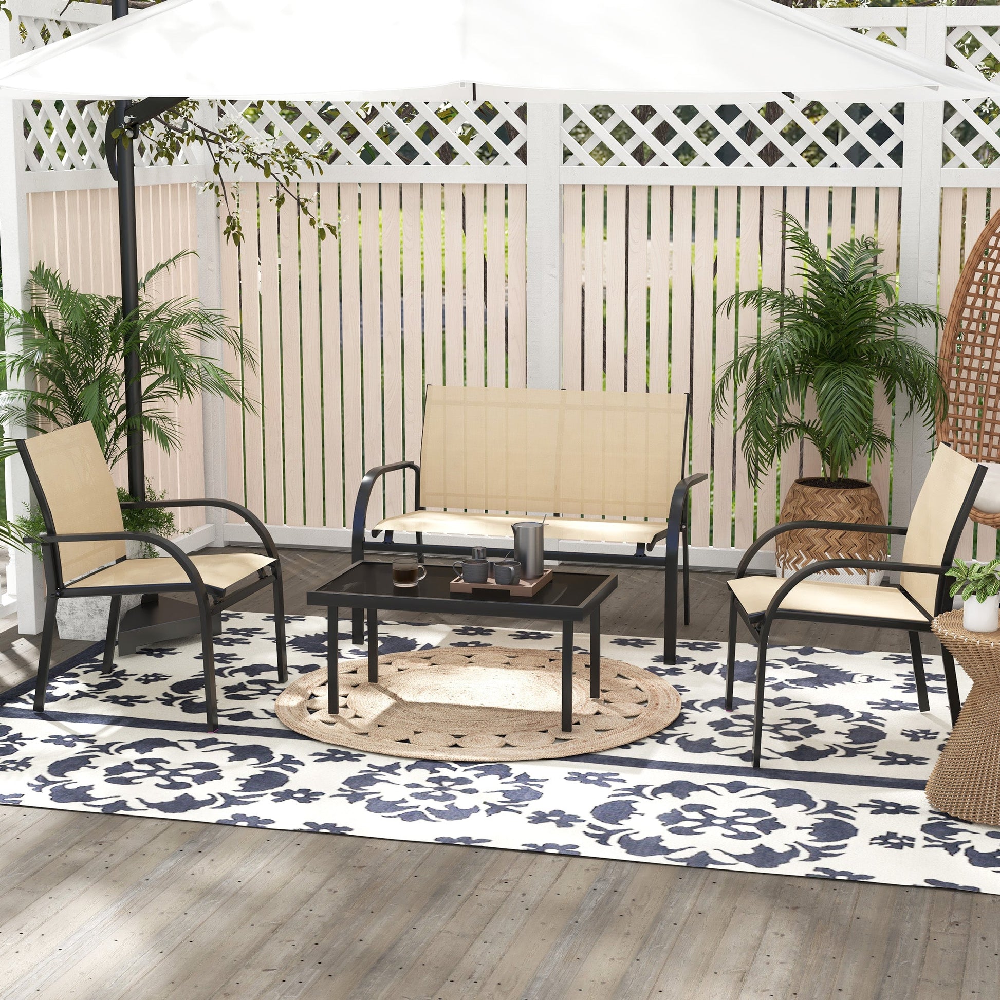 4 Pcs Curved Steel Outdoor Furniture Set w/ Loveseat, 2 Texteline Seats, Glass Top Table Garden Balcony Patio Furniture For Family Party Events Guests -Beige