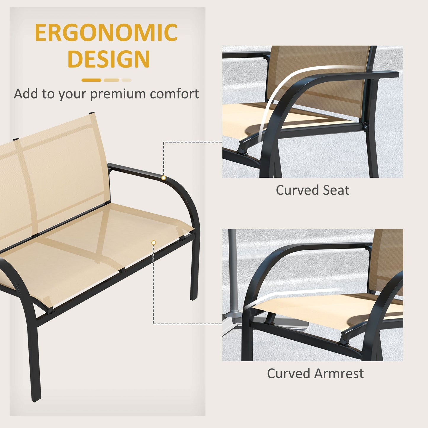 4 Pcs Curved Steel Outdoor Furniture Set w/ Loveseat, 2 Texteline Seats, Glass Top Table Garden Balcony Patio Furniture For Family Party Events Guests -Beige