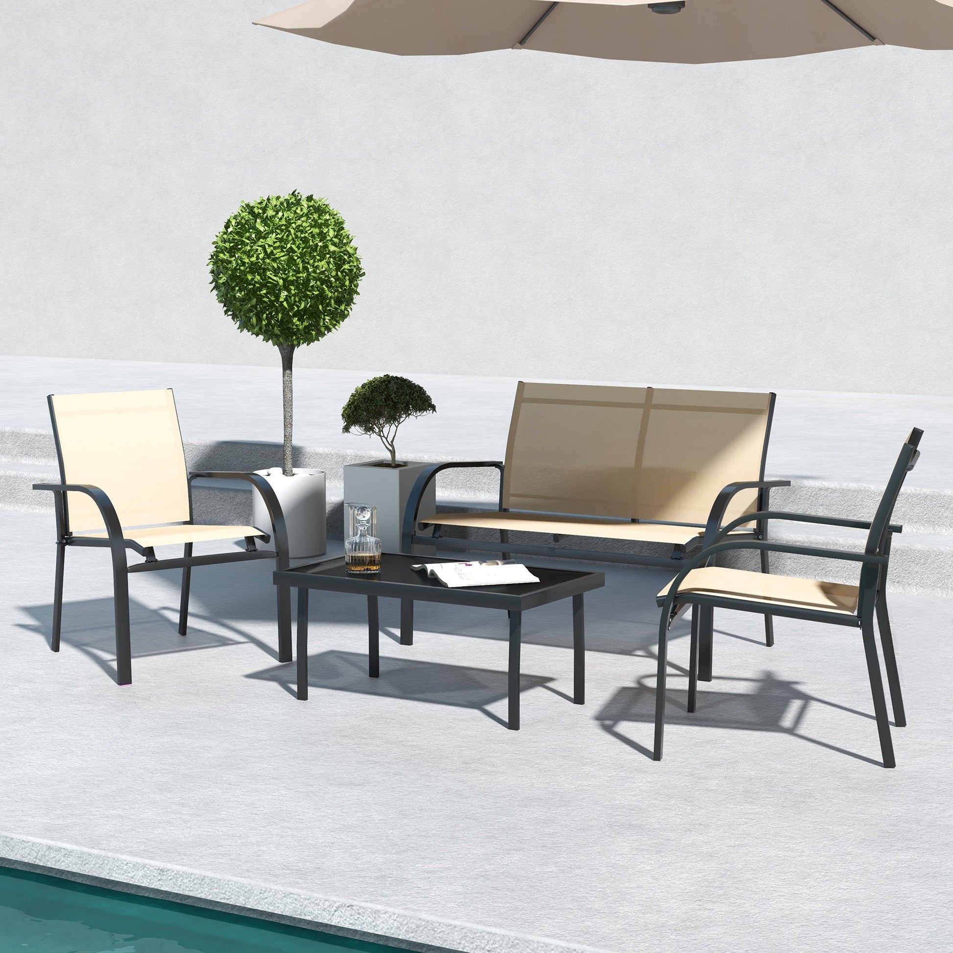 4 Pcs Curved Steel Outdoor Furniture Set w/ Loveseat, 2 Texteline Seats, Glass Top Table Garden Balcony Patio Furniture For Family Party Events Guests -Beige