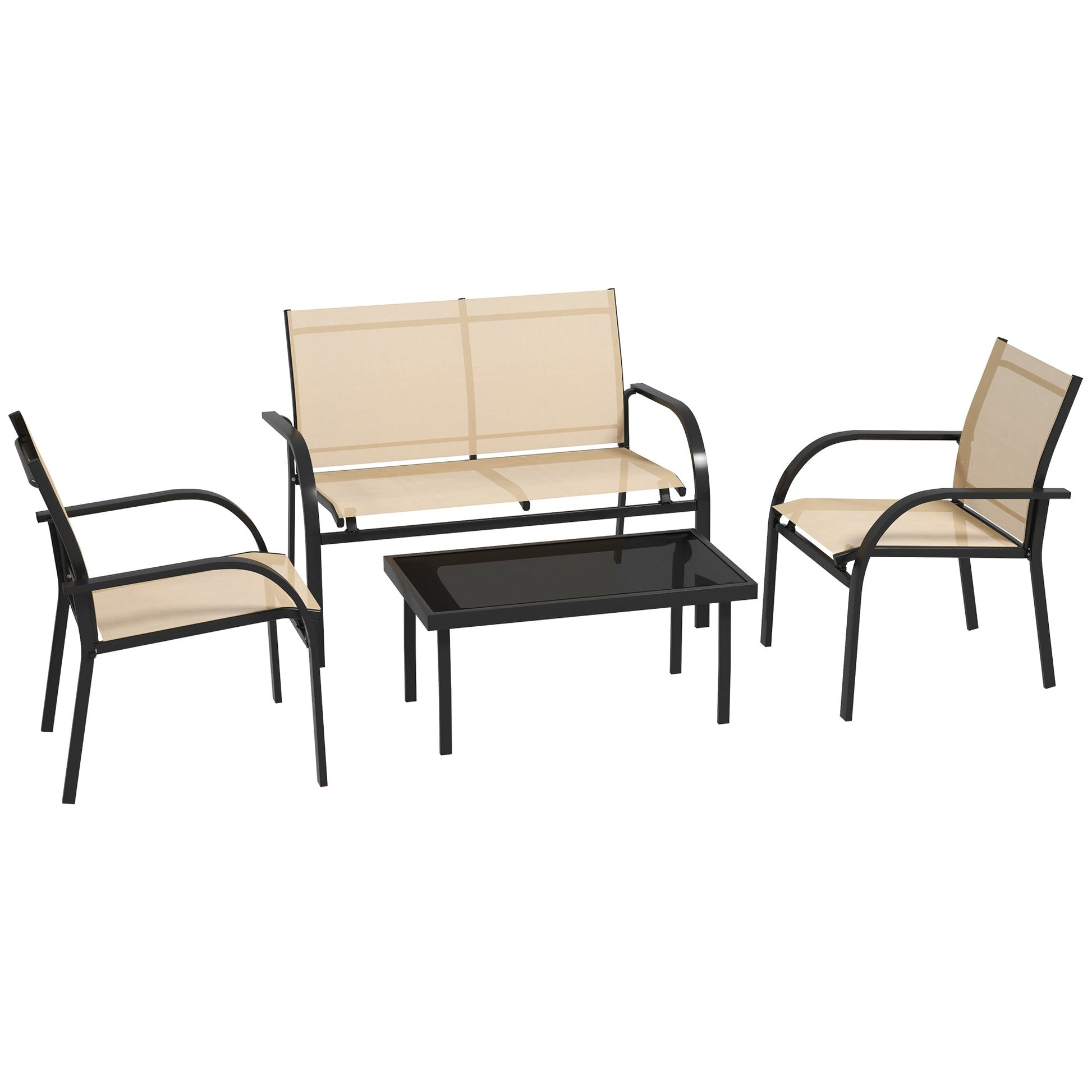 4 Pcs Curved Steel Outdoor Furniture Set w/ Loveseat, 2 Texteline Seats, Glass Top Table Garden Balcony Patio Furniture For Family Party Events Guests -Beige