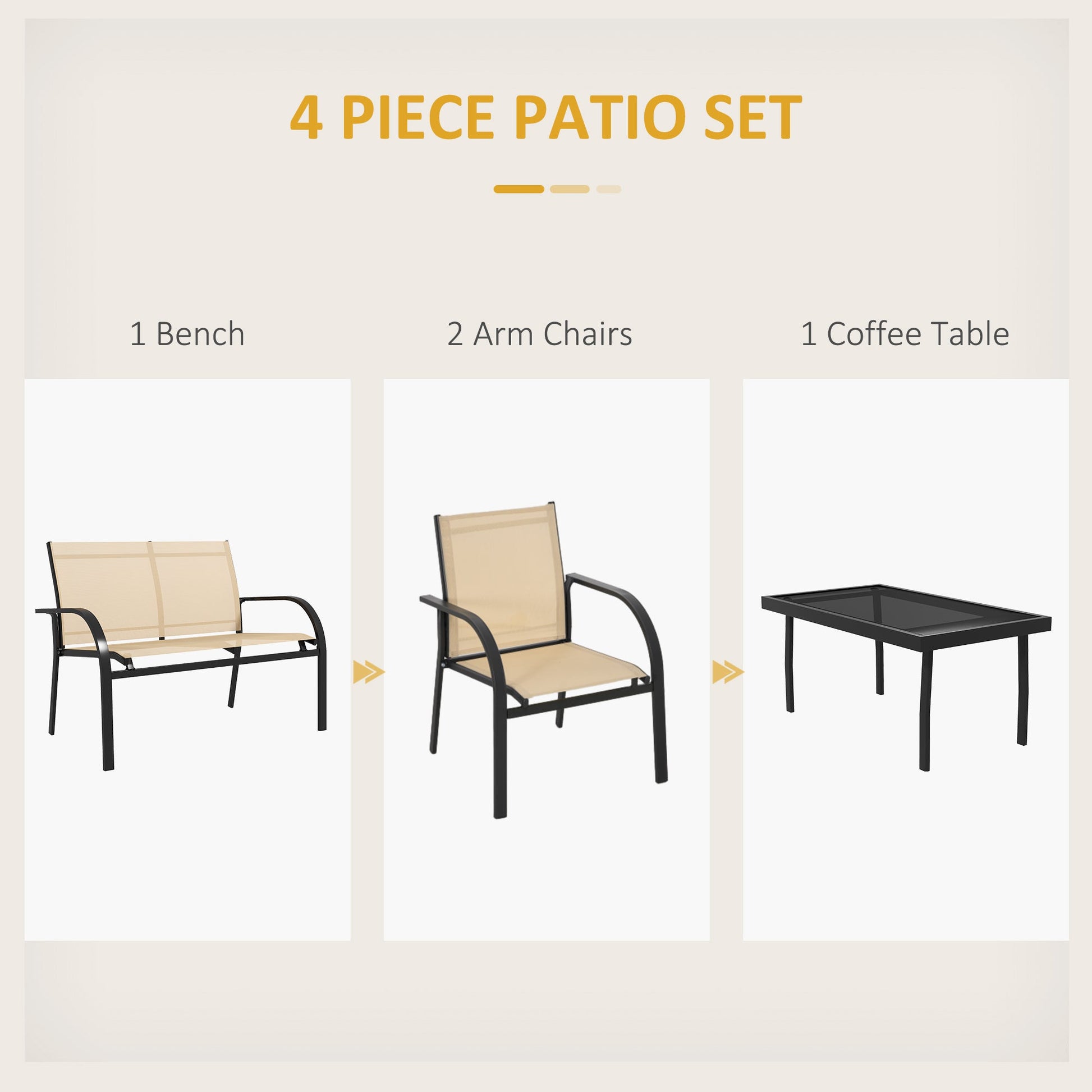 4 Pcs Curved Steel Outdoor Furniture Set w/ Loveseat, 2 Texteline Seats, Glass Top Table Garden Balcony Patio Furniture For Family Party Events Guests -Beige